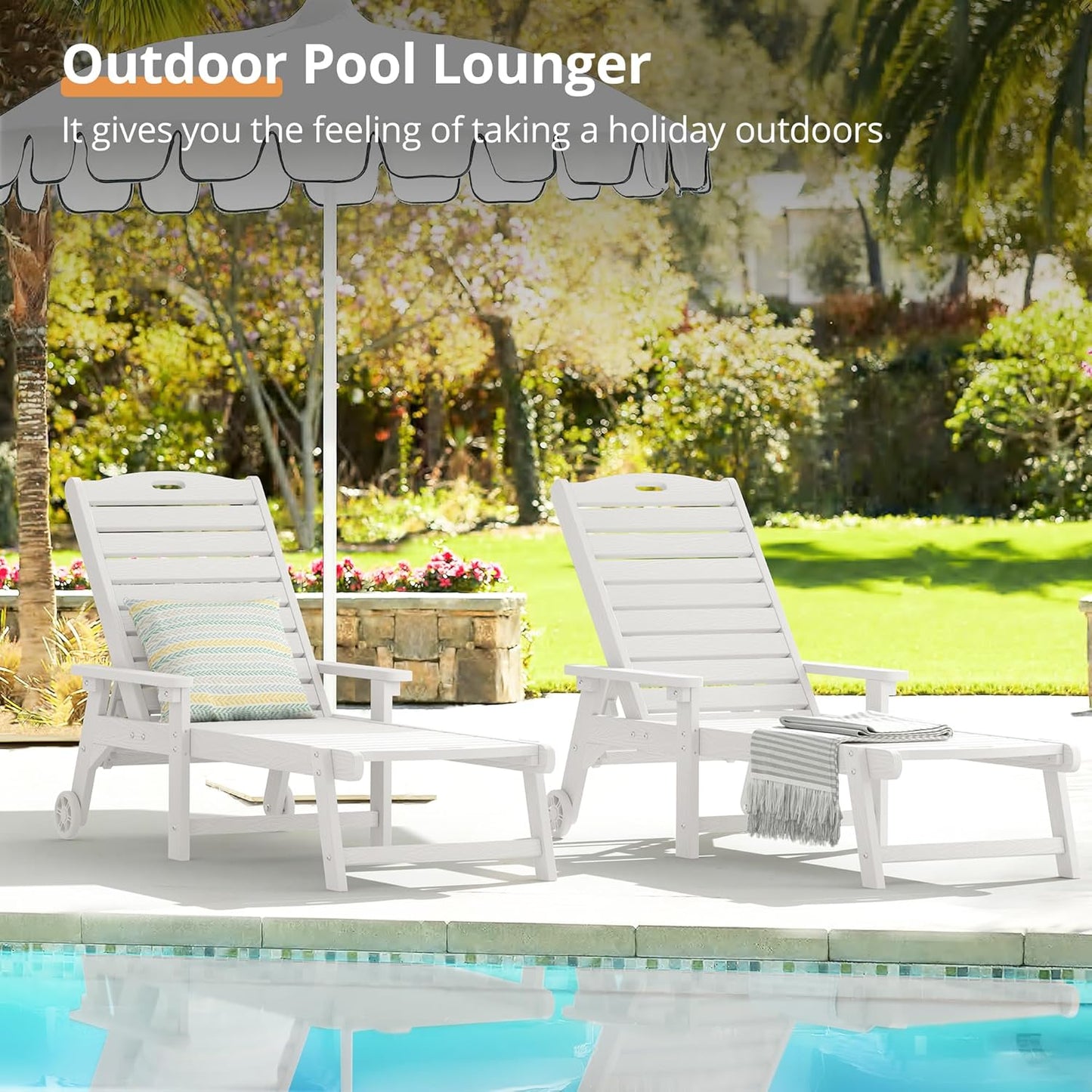 LUE BONA Outdoor Chaise Lounge, 79'' Oversized HDPS Chaise Lounger, 5 Positions Adjustable Lounge Chairs, Pool Lounge Chair with Wheels for Poolside, Backyard, 3 Year Warranty, White