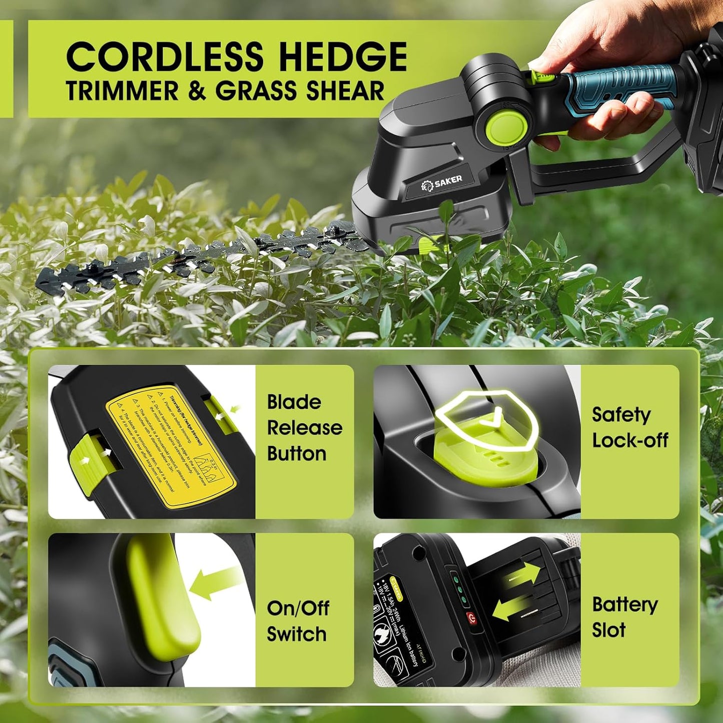 Saker Cordless Hedge Trimmer-20V Electric Shrub Trimmer Grass Shears Handheld Grass Cutter, Hedge Shear with 1 PCS Rechargeable Battery and Charger for Garden, Lawn