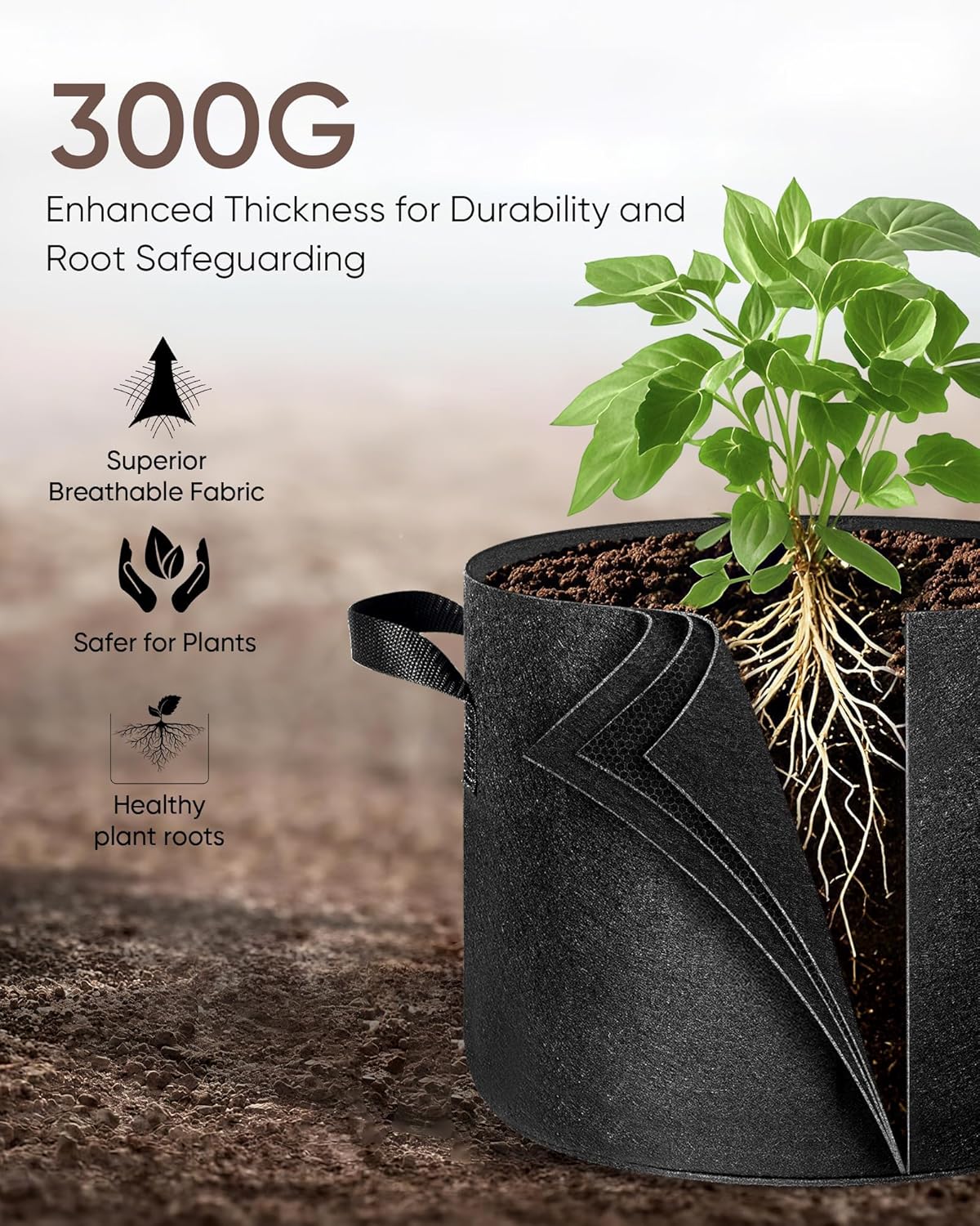 The Growing 5 Pack 10 Gallon Fabric Grow Bags，Thickened Aeration Nonwoven Fabric Plant Pots with Durable Handles,Heavy Duty 300G Planter Pot for Tomato, Fruits, Vegetables and Flowers, Black