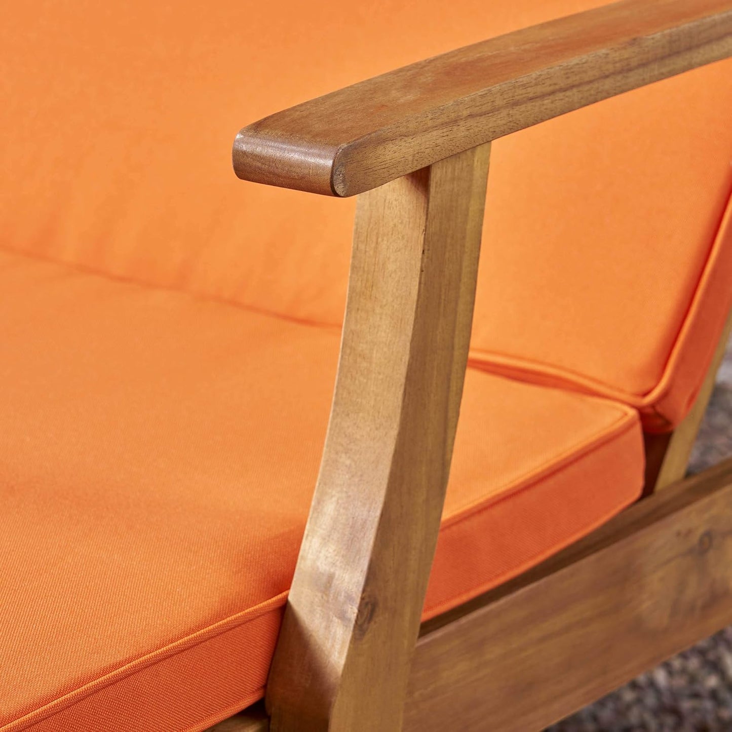 Christopher Knight Home Samantha Double Chaise Lounge for Yard and Patio, Acacia Wood Frame, Teak Finish with Orange Cushions