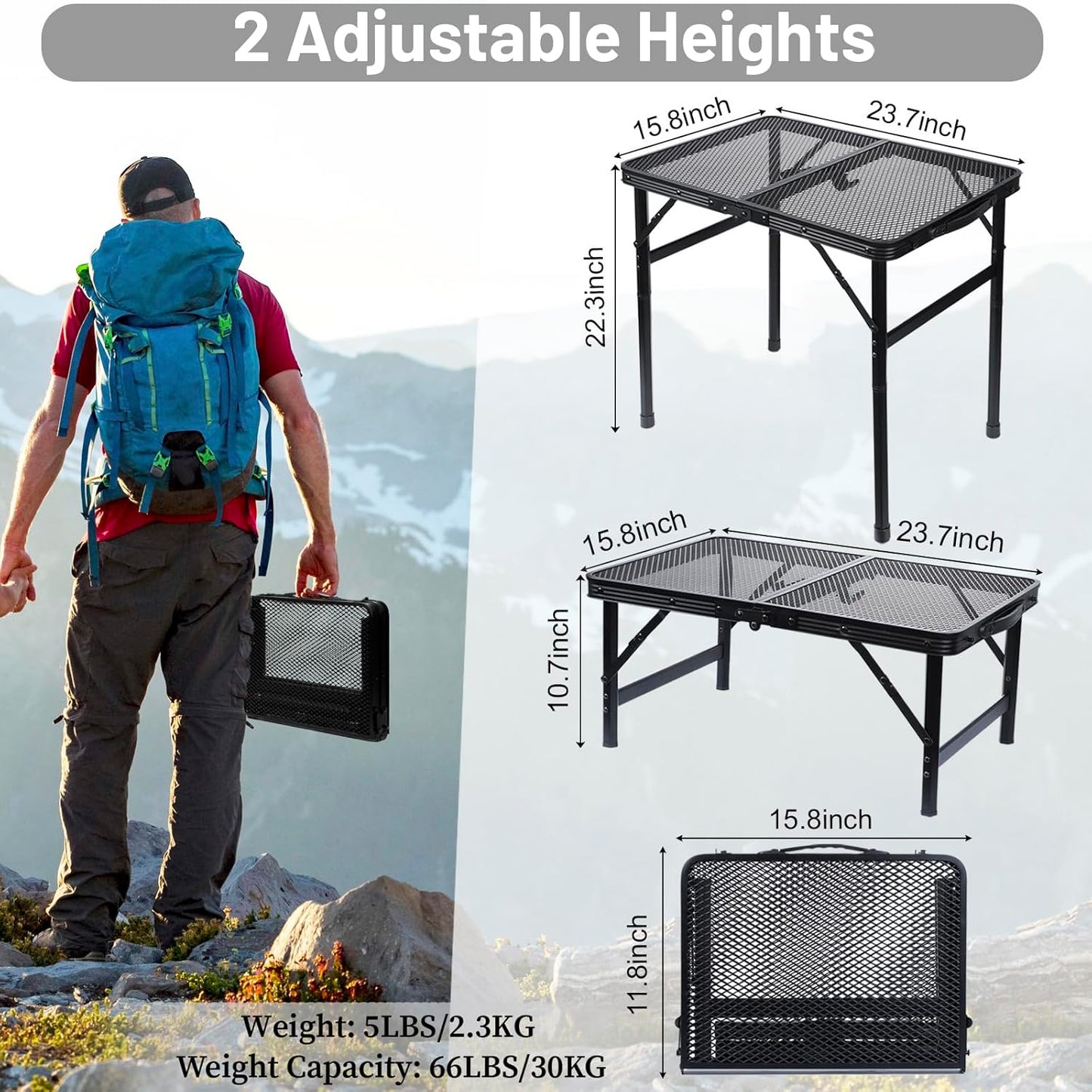 Folding Grill Table Metal Portable Camping Table with Mesh Desktop Lightweight & Foldable Height Adjustable Black Picnic Table for RV, BBQ Outside Inside