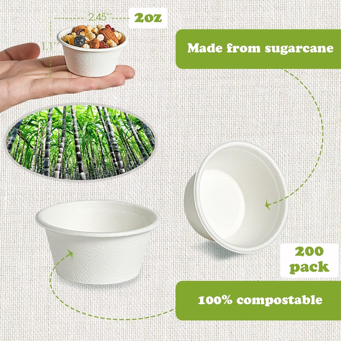 ECOLipak 200 Pack 2 oz Compostable Portion Cups, 100% Biodegradable Souffle Cups, Disposable Paper Cups for Condiment Samples