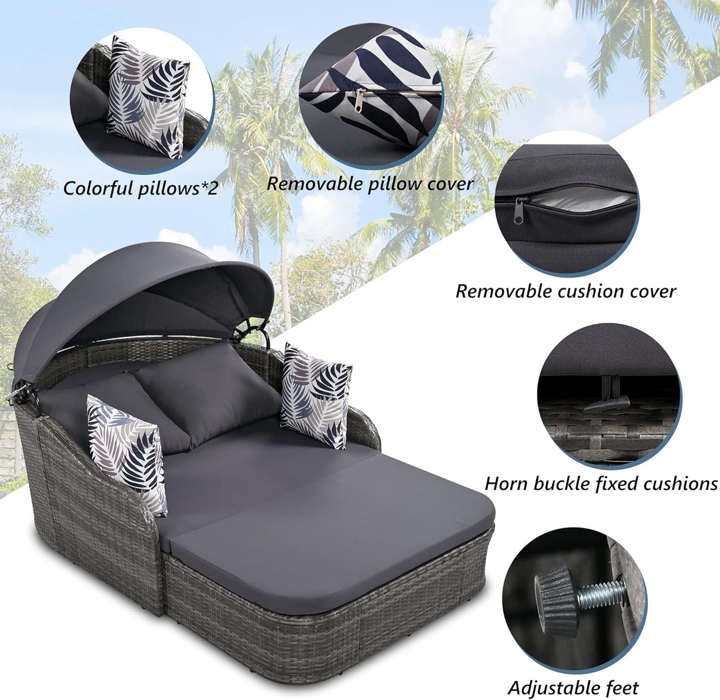 kevinplus Outdoor Patio Sunbed Daybed Double Lounge with Adjustable Canopy for Garden Backyard Pool, PE Rattan Wicker Material & Moveable Cushion Cover, Gray