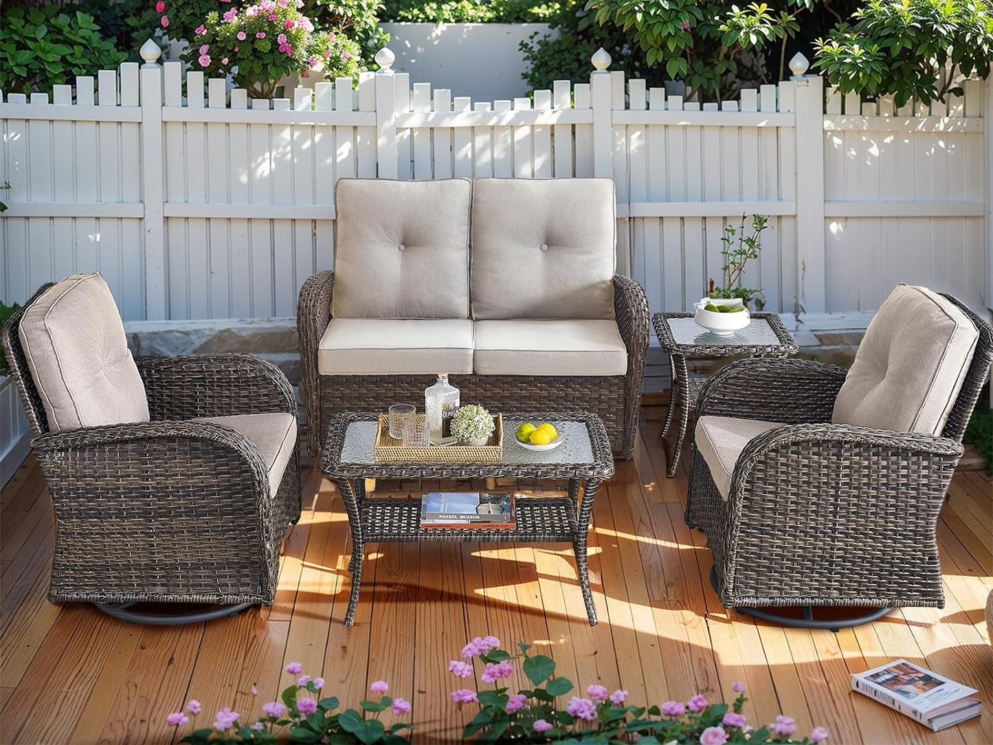 HUMMUH 5-Piece Patio Furniture Wicker Outdoor Conversation Set,All-Weather Rattan Swivel Chairs Bistro Set with Loveseat Coffee Table for Backyard,Poolside,Deck(Brown/Beige)