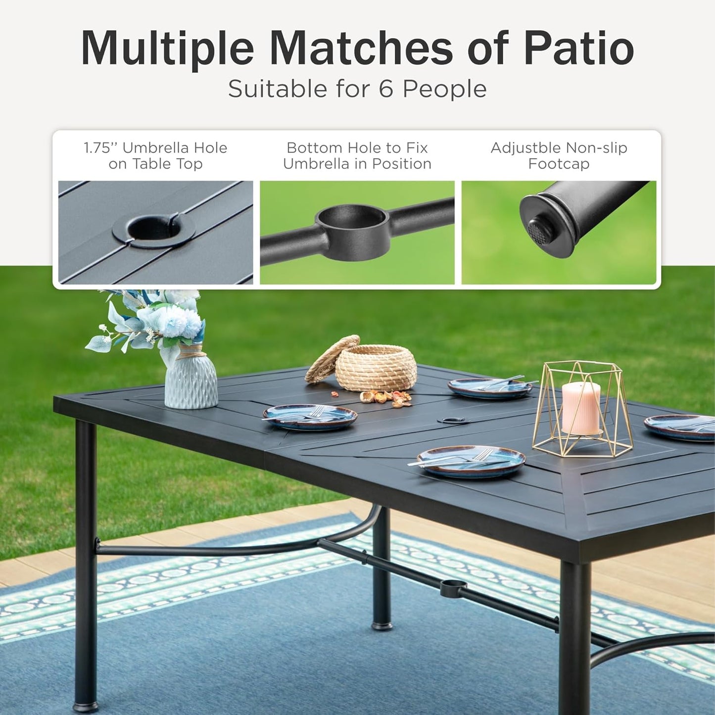 PHI VILLA Patio Dining Set for 6 Person, Outdoor Table and Chairs Furniture Dining Set with 6 Outdoor Swivel Dining Chairs and 1 Large Metal Table, Patio Set for Lawn Garden Deck