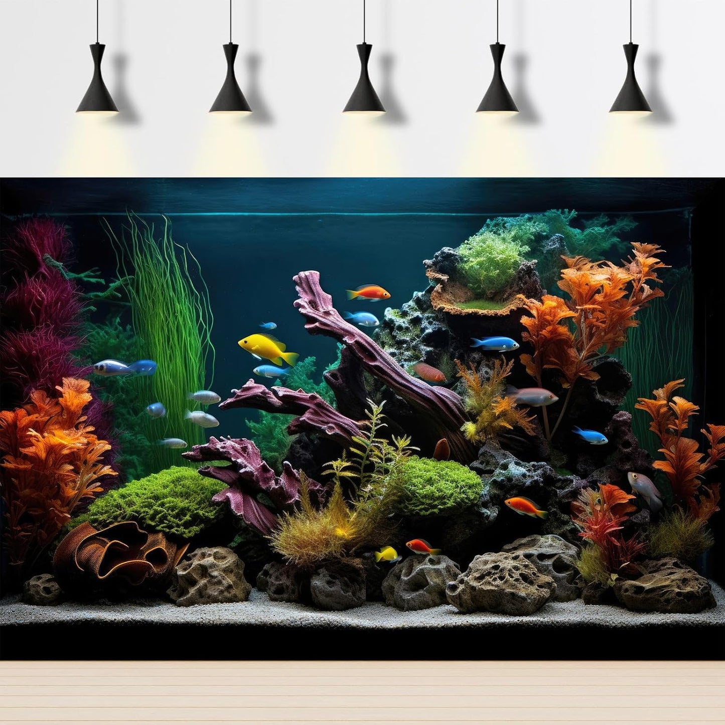 Aquarium Background Lush Aquatic Colorful Plants Terrarium Background Redwood Root Coral Reef Jungle Style Fish Tank Background Amazing Underwater View Aquarium Backdrop Wallpaper Poster Vinyl 72x16in