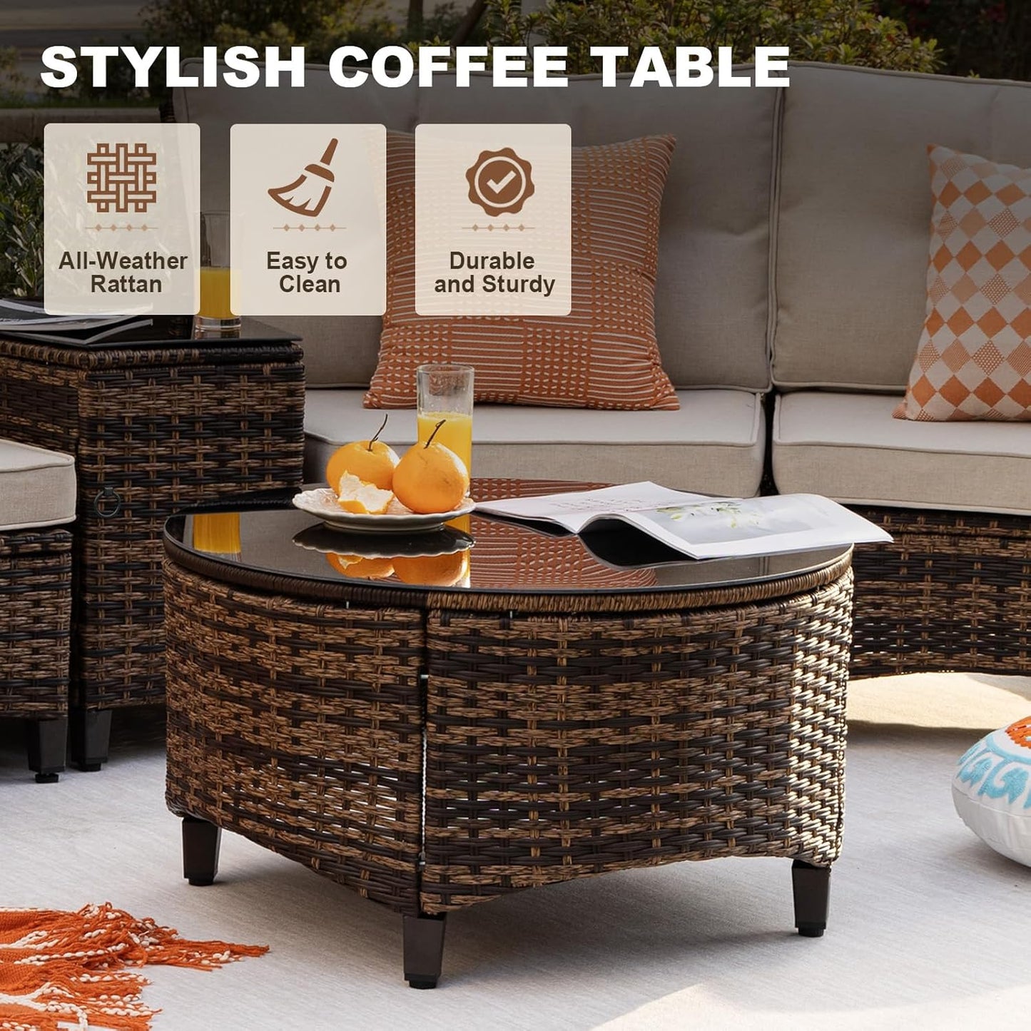 6 Piece Outdoor Patio Furniture Set, Half-Moon Curved Sectional Set with Wood Armrests, Patio Conversation Set, Tempered Glass Coffee & Side Tables (Brown)