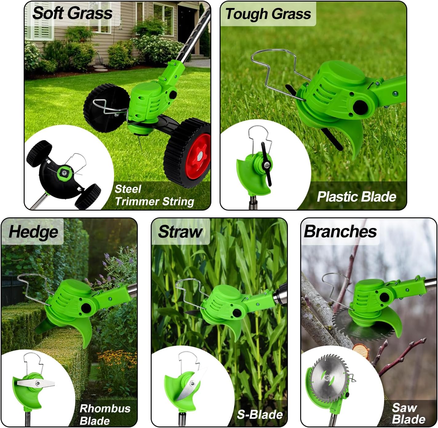 Electric Weed Wacker Cordless Eater 2 Battery,Foldable and Lightweight Grass Trimmer/Brush Cutter,5 Types Blade&Wheels 21V 4.0Ah Battery (2 Pieces) Powered for Garden and Yard (Foldable)