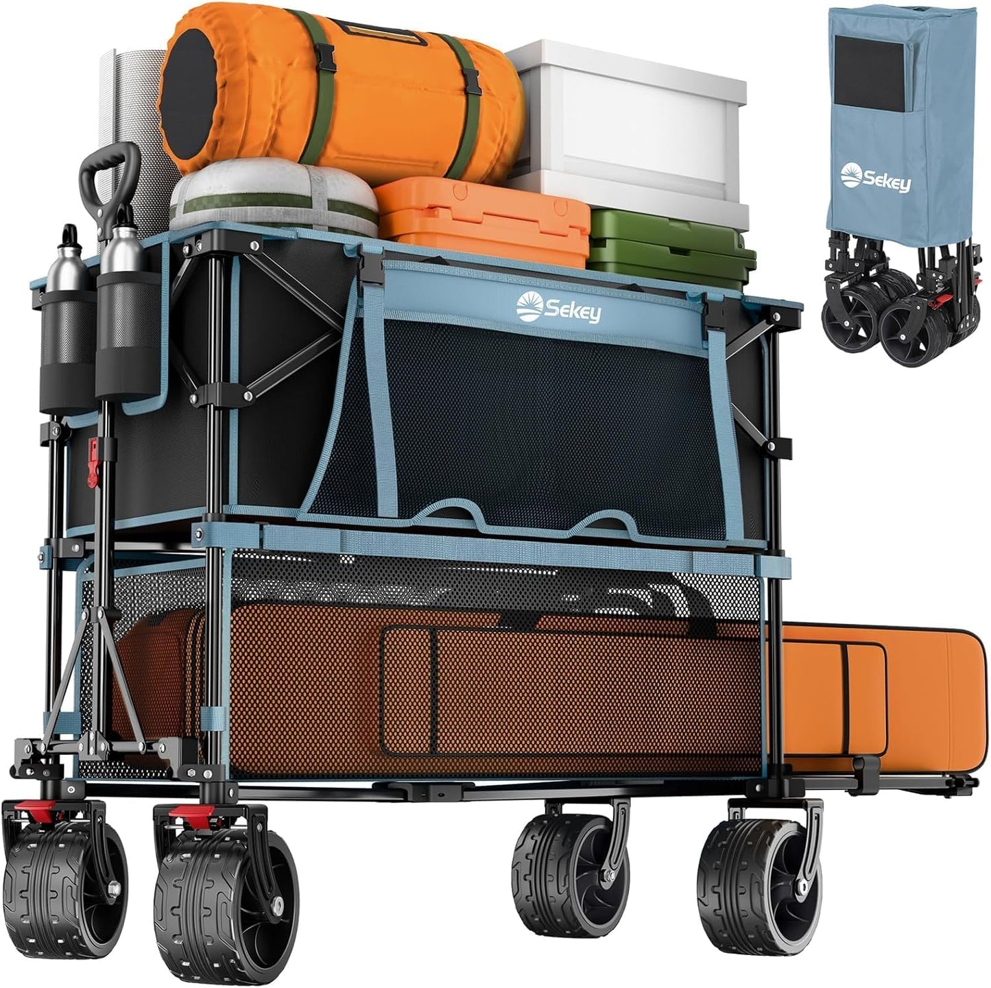 400L Large Capacity Folding Double Decker Wagon with Brakes, 48" Extra Long Extender Cart, 500lbs Heavy Duty Collapsible Wagons, All-Terrain Big Wheels for Camping, Sports, Shopping. Blue