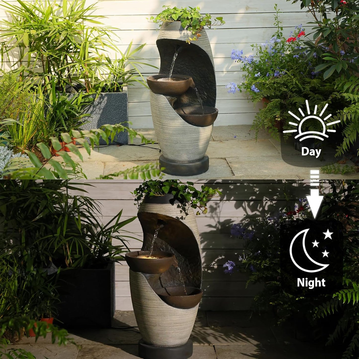 27.95''H Outdoor Garden Water Fountain, 2-Tier Bowl Shaped Floor - Standing Waterfall Fountain Indoor with LED Lights for Yard, Garden, Patio,Backyard & Home Decor