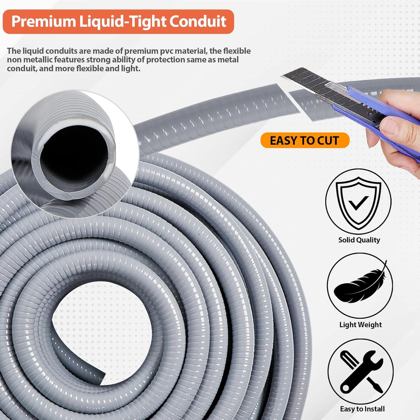 Liquid-Tight Conduit and Connector Kit 1/2inch 25ft, Flexible Non Metallic Liquid Tight Electrical Conduit w/UL Certification, Electrical Conduit Kit with 5 Straight, 5 Angle Fittings
