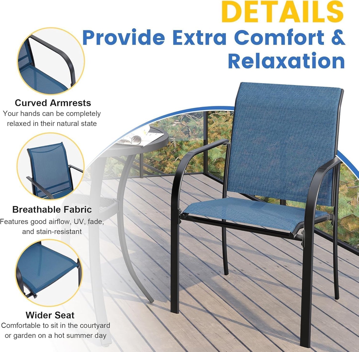 VICLLAX Patio Dining Set for 8, 9 Pieces Outdoor Furniture Set Includes 56.3" Round Patio Table and 8 Patio Stackable Chairs, Outdoor Table and Chairs for Outsides, Black Tabletop and Blue Fabric