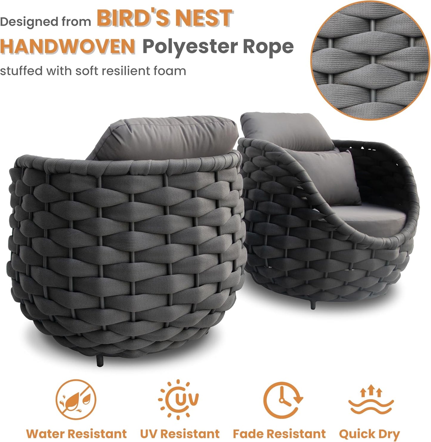Rope Patio Furniture Set: 4 Pieces Aluminum Outdoor Couch Set Cushioned - Assembled Porch Conversation Sofa Set Modern - Metal Patio Seating for 5 Person Deck Garden Poolside Hotel, Dark Gray