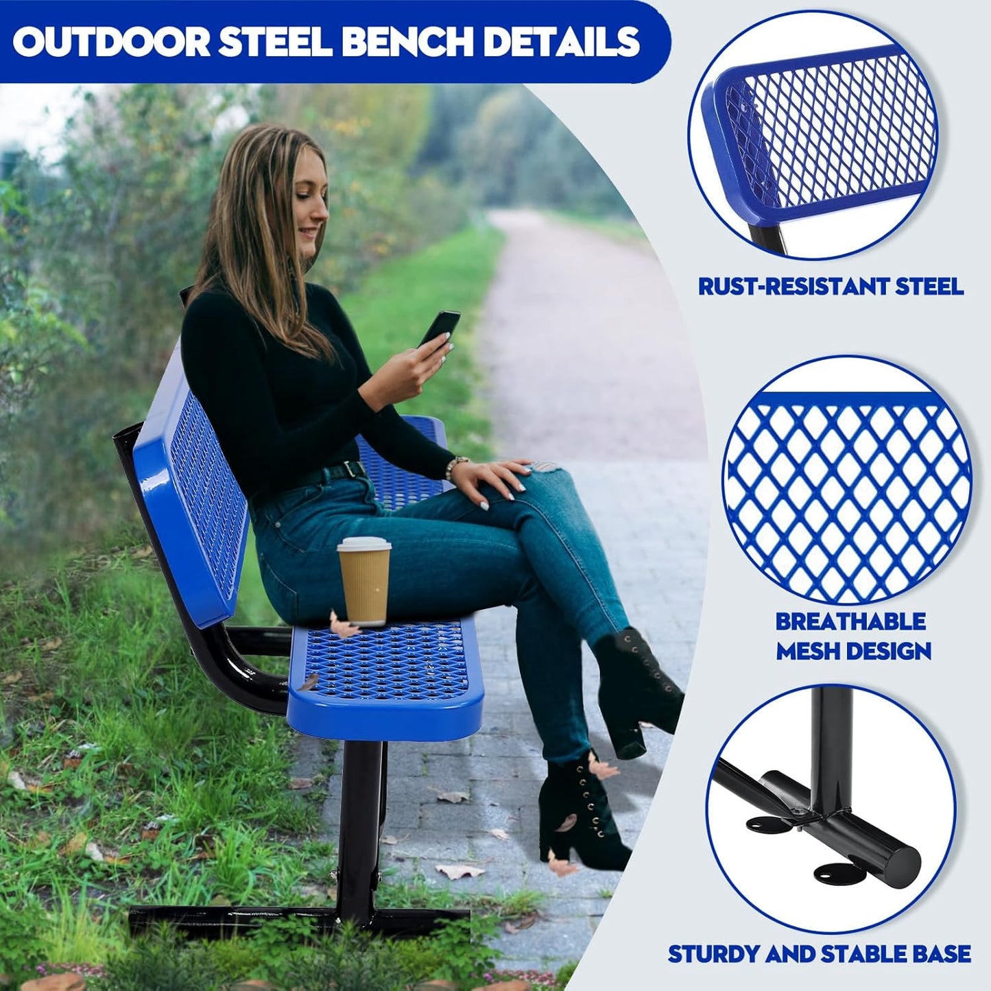 Drexo 4FT Heavy Duty Park Bench with Back Portable Frame, Outdoor Metal Park Bench with Backrest, Steel Mesh Outdoor Bench for Garden, Lawn, Patio, Porch, Park, Yard (Blue, 4FT)