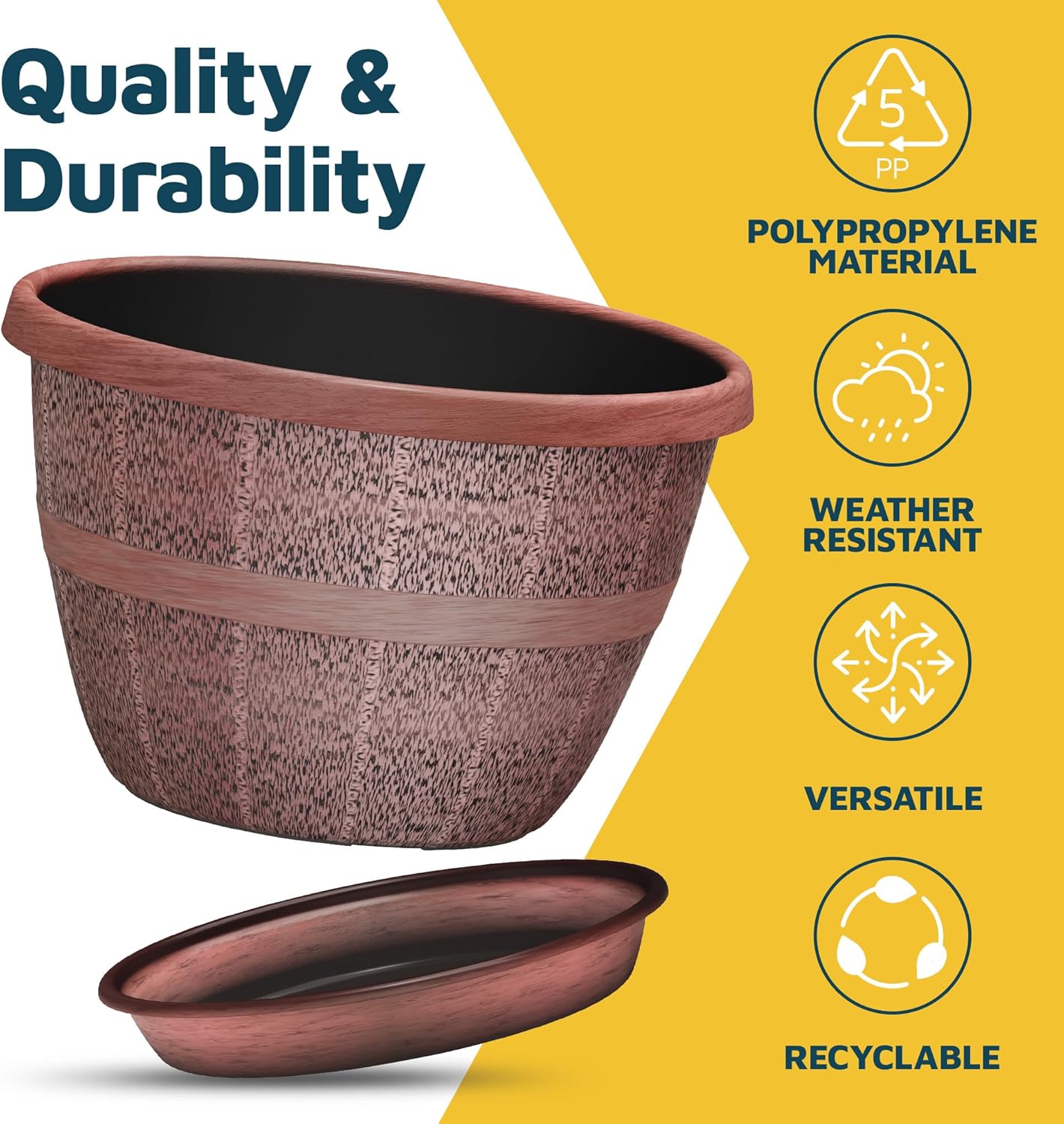10-Inch Whiskey Barrel Planters Outdoor Pack of 2 - Durable Plastic Plant Pots for Indoor & Outdoor Use with Drainage & Saucer, Lightweight Rustic Barrel Planters for Flowers, Herbs & Small Plants