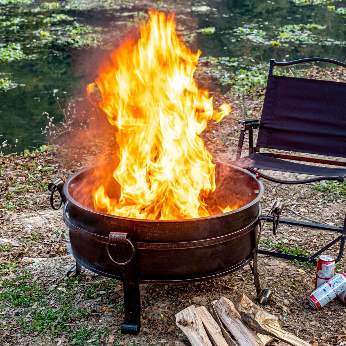 36 Inch Fire Pit with Grill & Lid, Fireplace & Round Table & BBQ 3 in 1 Fire Pit,Heavy Duty Wood Burning Fire Pits for Outside with Fire Poker, Waterproof Cover & Log Grate