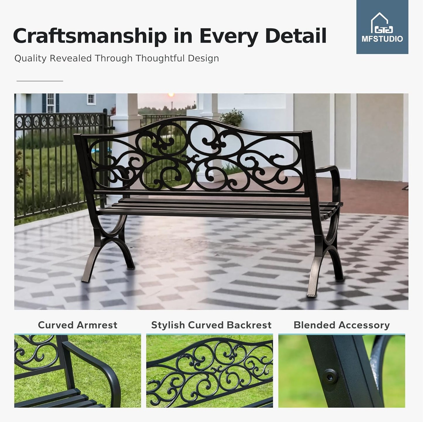 MFSTUDIO 50 Inches Outdoor Garden Bench, Cast Iron Metal Frame Patio Park Bench with Floral Pattern Backrest, Arch Legs for Porch Lawn Garden Yard(Black)