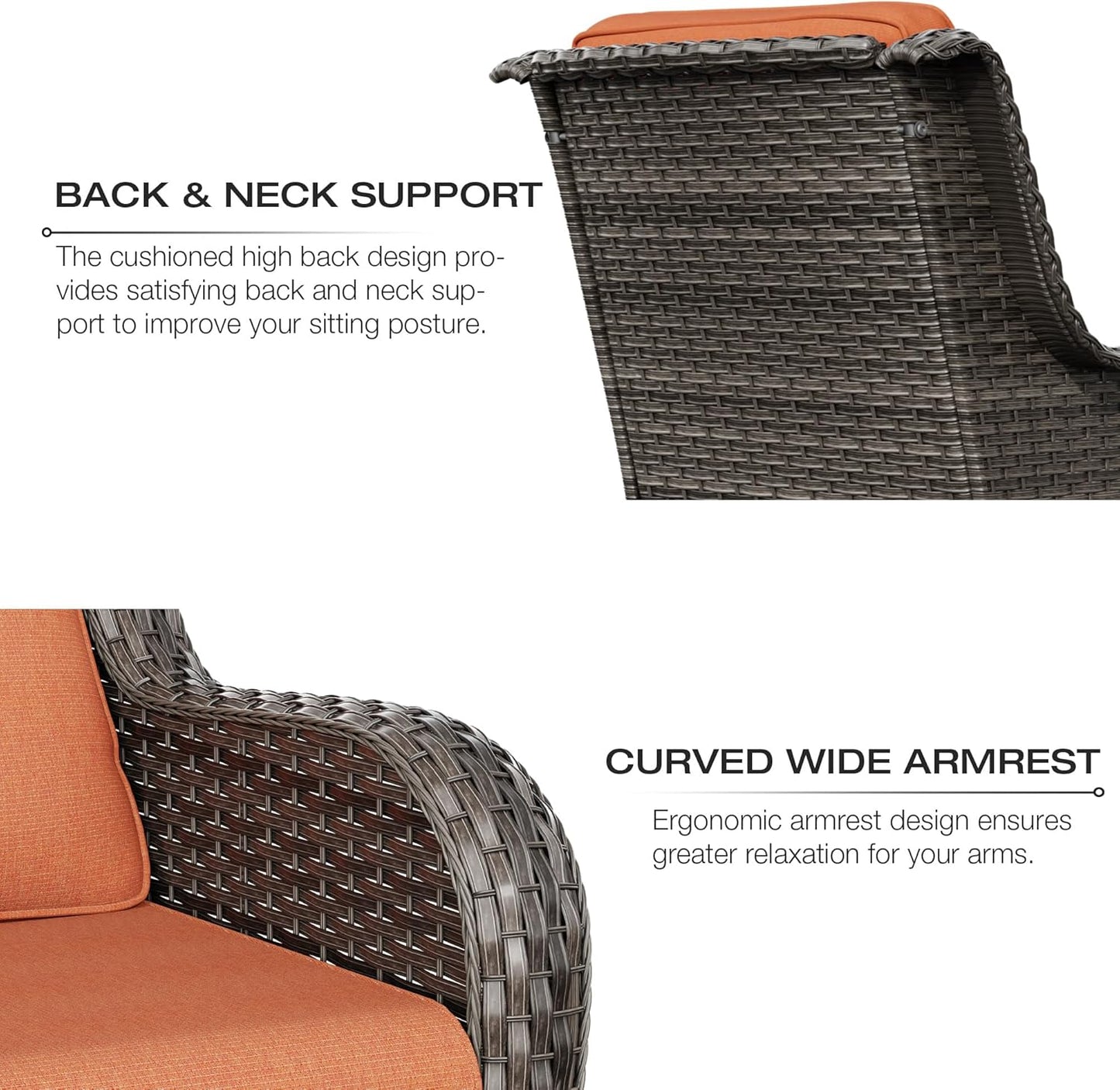 Joyside Patio Furniture Set 6 Pieces - Outdoor Rattan Furniture Set with 2 Armchairs, 2 Couch and 2 Ottomans, Olefin Cushions Included(Mixed Grey/Orange)