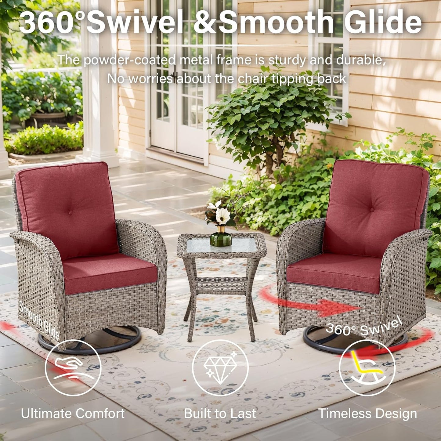 7-Piece Modern Gray Wicker Patio Conversation Set - 4 Swivel Glider Chairs & 50,000 BTU Propane Fire Table