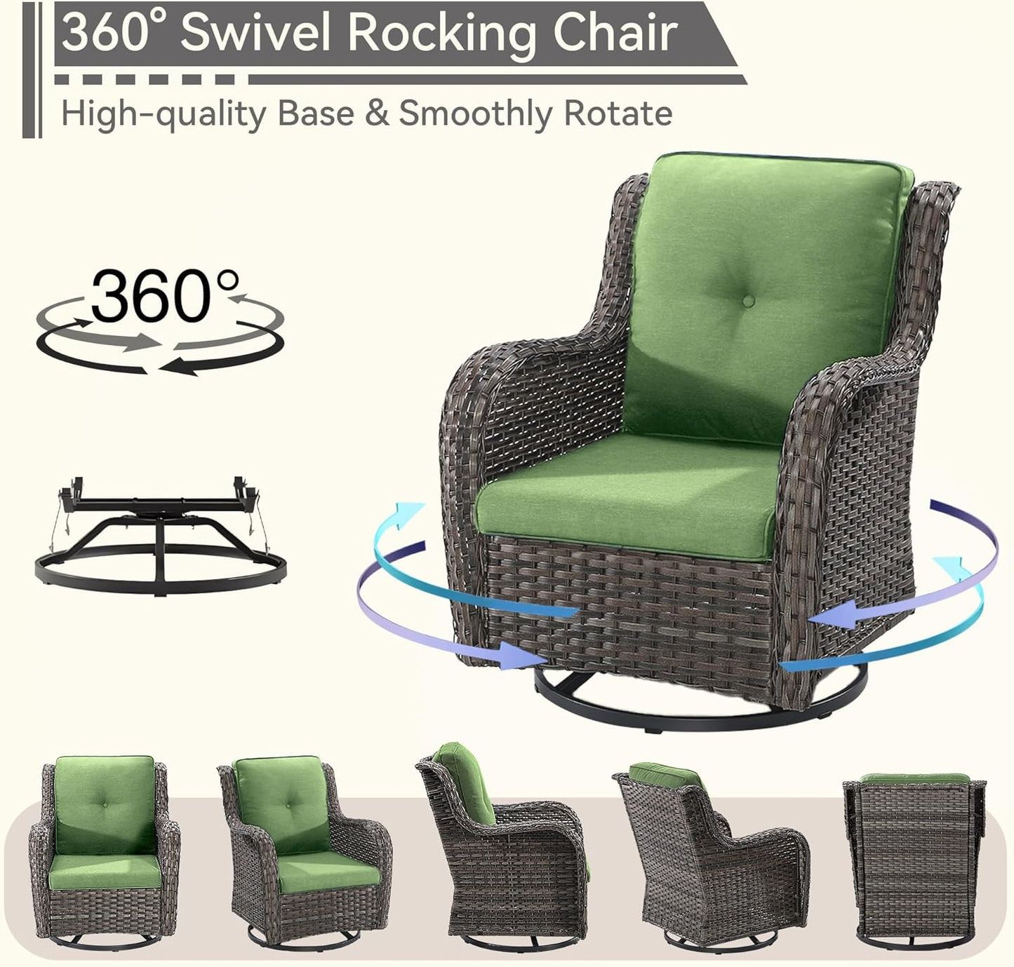 Wicker Patio Furniture Set 8-PCS with A 3-Seat Sofa, 2 Swivel Rocking Chairs, 2 Armchairs, 2 Ottomans and 1 Side Table Patio Conversation Set, Green