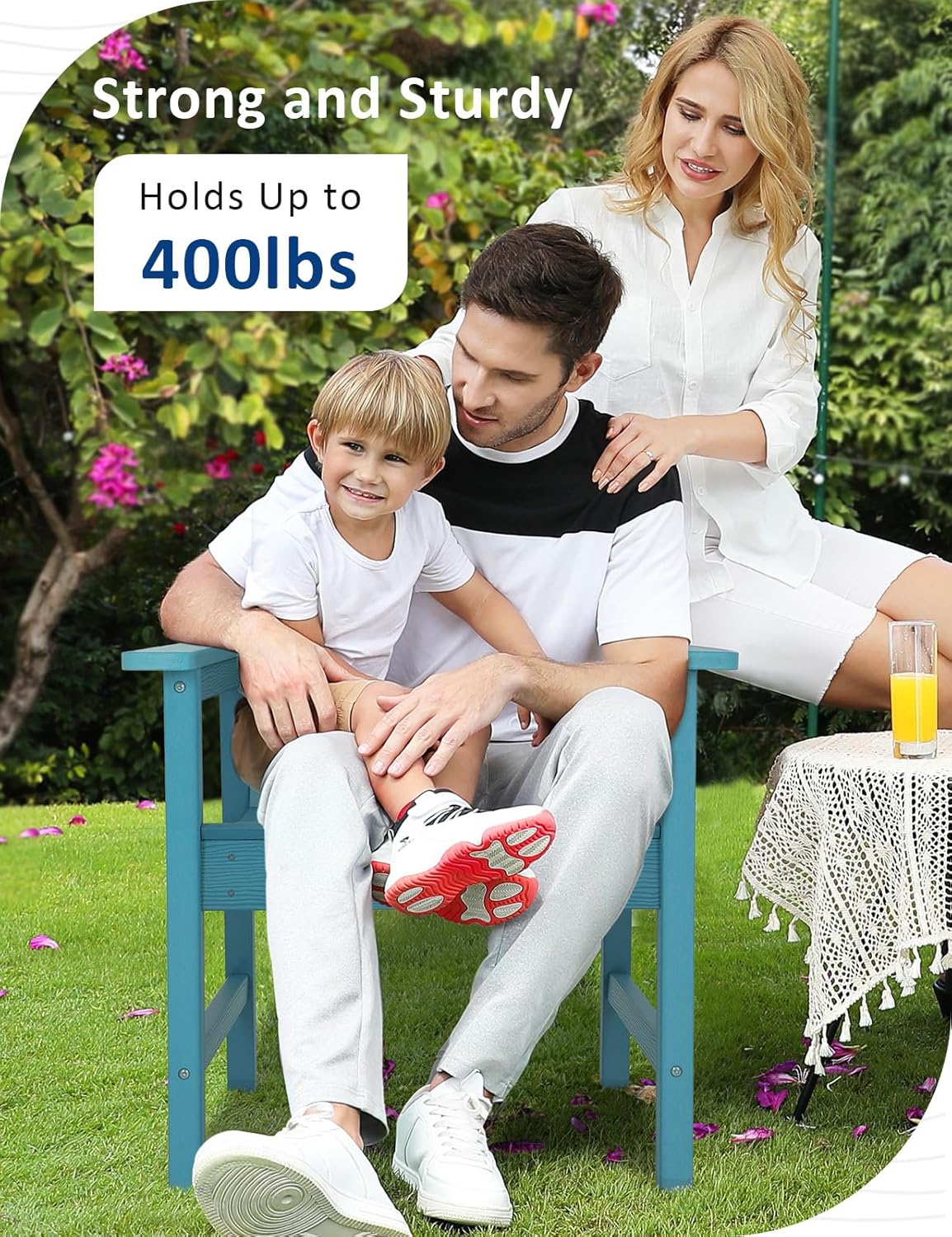 Patio Chairs Set, Weatherproof HIPS Outdoor Furniture, Include 2 Patio Dining Chairs + Outdoor Bench, Suit for Garden, Porch, Lawn & Backyard (Lake Blue)