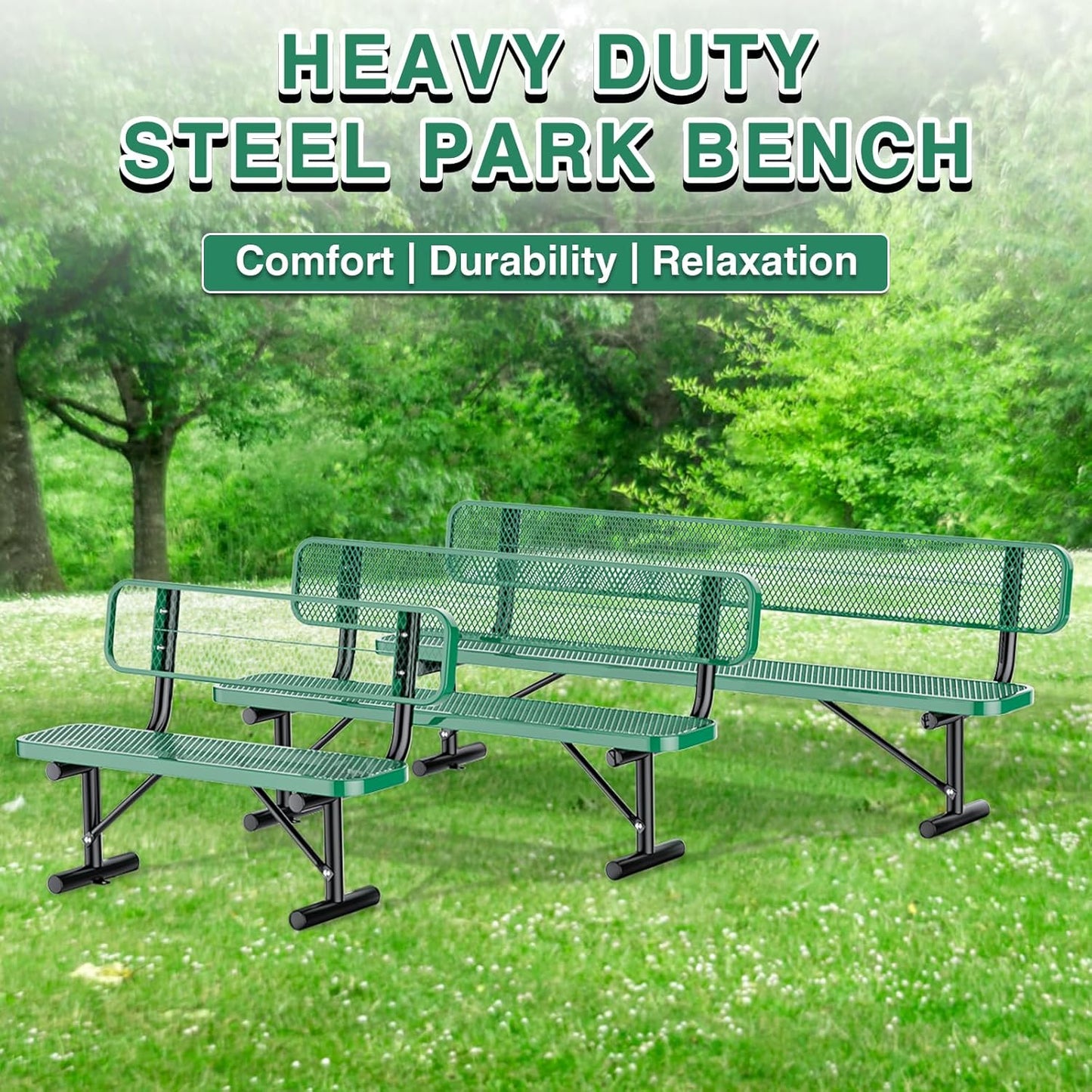 4Ft Outdoor Bench with Back Portable Frame, Outdoor Steel Park Bench with Backrest, Expanded Metal Mesh Bench for Outside, Lawn, Backyard, Park, Deck, Garden, Patio, Porch, Green