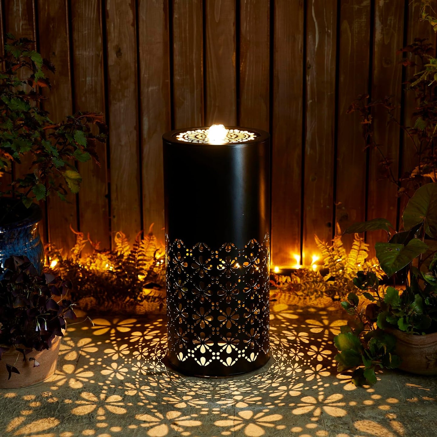 Glitzhome Modern Metal Cutout Water Fountain with Pump, Adapter and LED Light, Black Cutout Bird Bath Garden Outdoor Fountain and Waterfalls, Freestanding Fountains for Patio Backyard Decor, 23.5''H