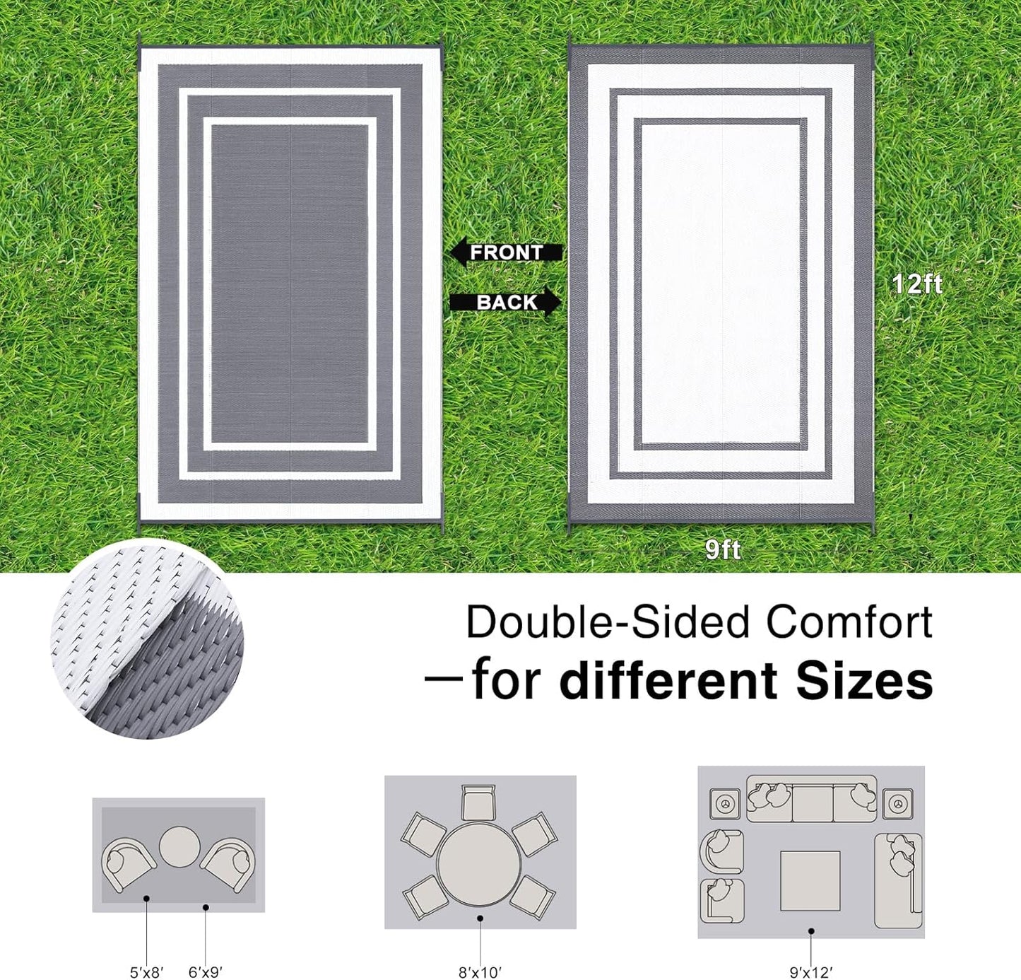 OLANLY Outdoor Rug 9x12 ft Waterproof, Reversible Outdoor Plastic Straw Rug, RV Mat, Indoor Outdoor Carpet Clearance for Patio, Camping, Balcony, Deck, Backyard, Grey & White
