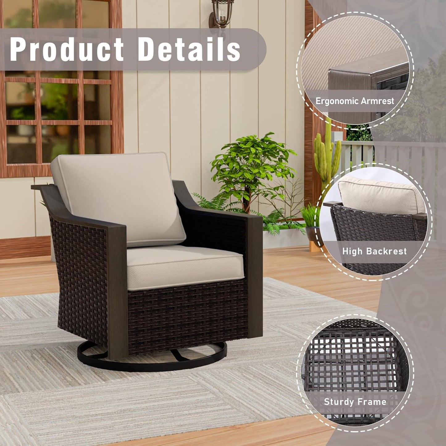 5 Piece Wicker Patio Conversation Set, All-Weather Use Outdoor 2 PE Rattan Swivel Chair, 2 Ottoman, 1 Patio Sofa, Removable Water-Resistant Cushion, Ideal for Porch, Backyard, Balcony, Poolside, Beige