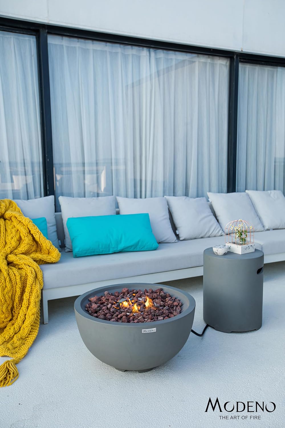 AMS Fireplace | Modeno Nantucket Package | Light Gray Liquid Propane Gas Fire Pit Table for Outside Patio Bundle with Tank Cover and SS Burner Lid | Free Ice Bucket