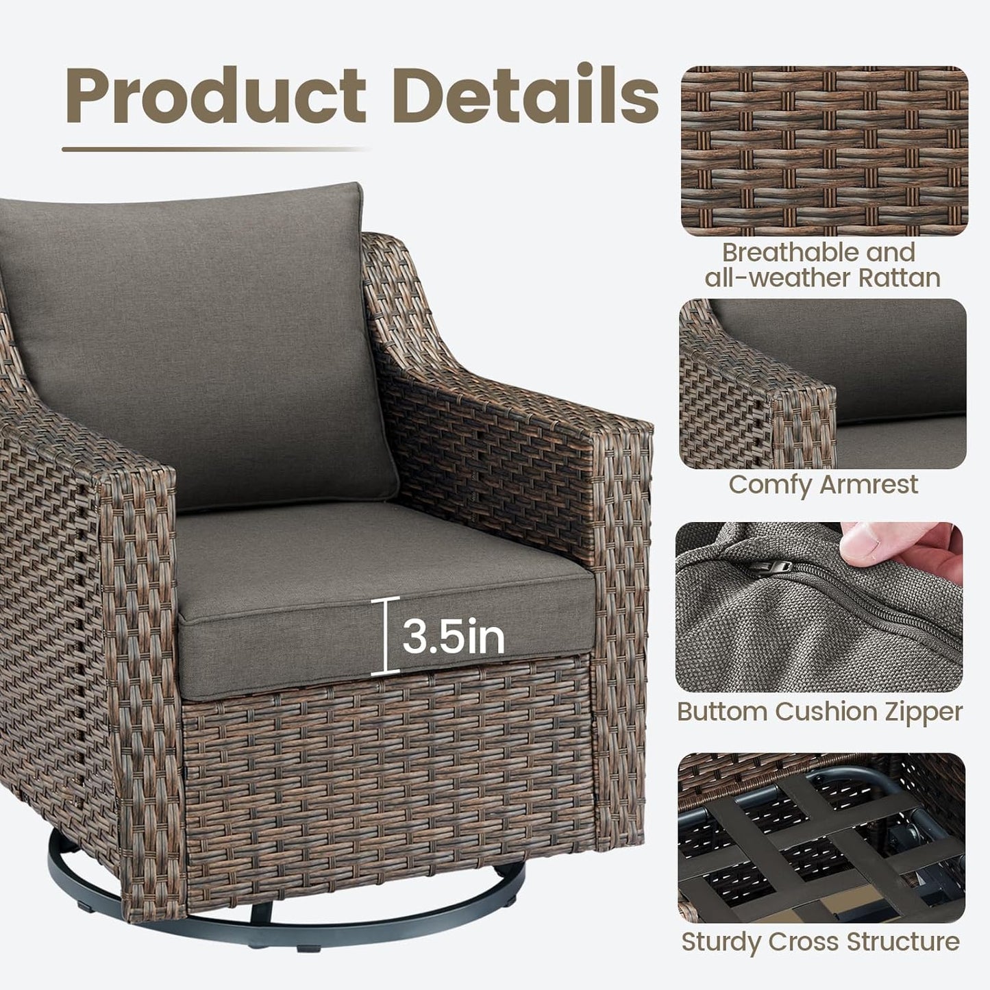 Outdoor Patio Wicker Swivel Chairs - Set of 4 Outside Rattan Rocker Glider Chair Rocking Armchairs for Front Porch Balcony Backyard Yard Deck Poolside Apartment – Brown/Grey