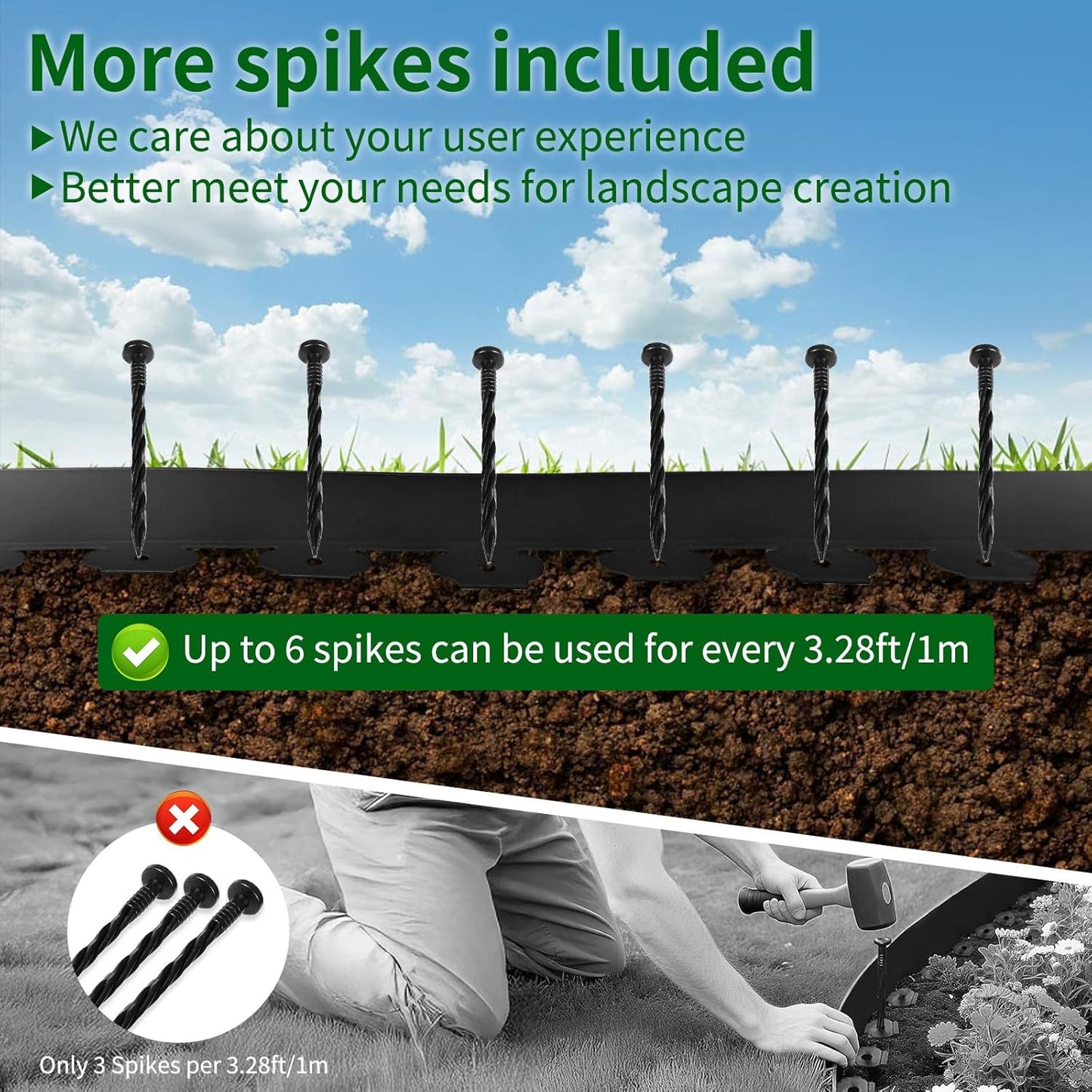 4 in x 25 Ft Garden Landscape Edging, No Dig Garden Edging Border Kit with 46 Pcs Spikes for Flower Bed Lawn Yard Grass Green