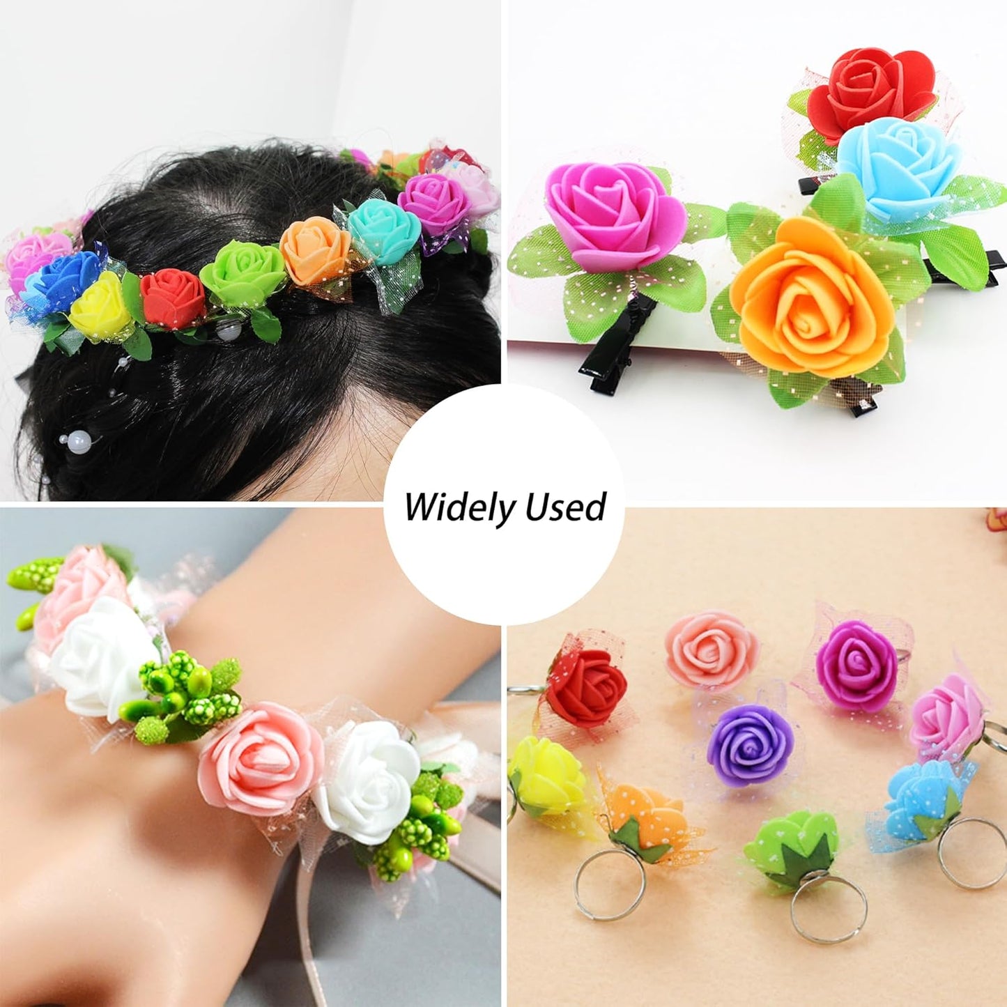 500 Pcs 0.6 Inch Mini Artificial Flowers Head Bulk 5 in 1 Set Faux Foam Fake Small Rose Tiny Baby Flores Bouquet Wreath Gift Hair Clip Home Decoration DIY Craft (Pink)