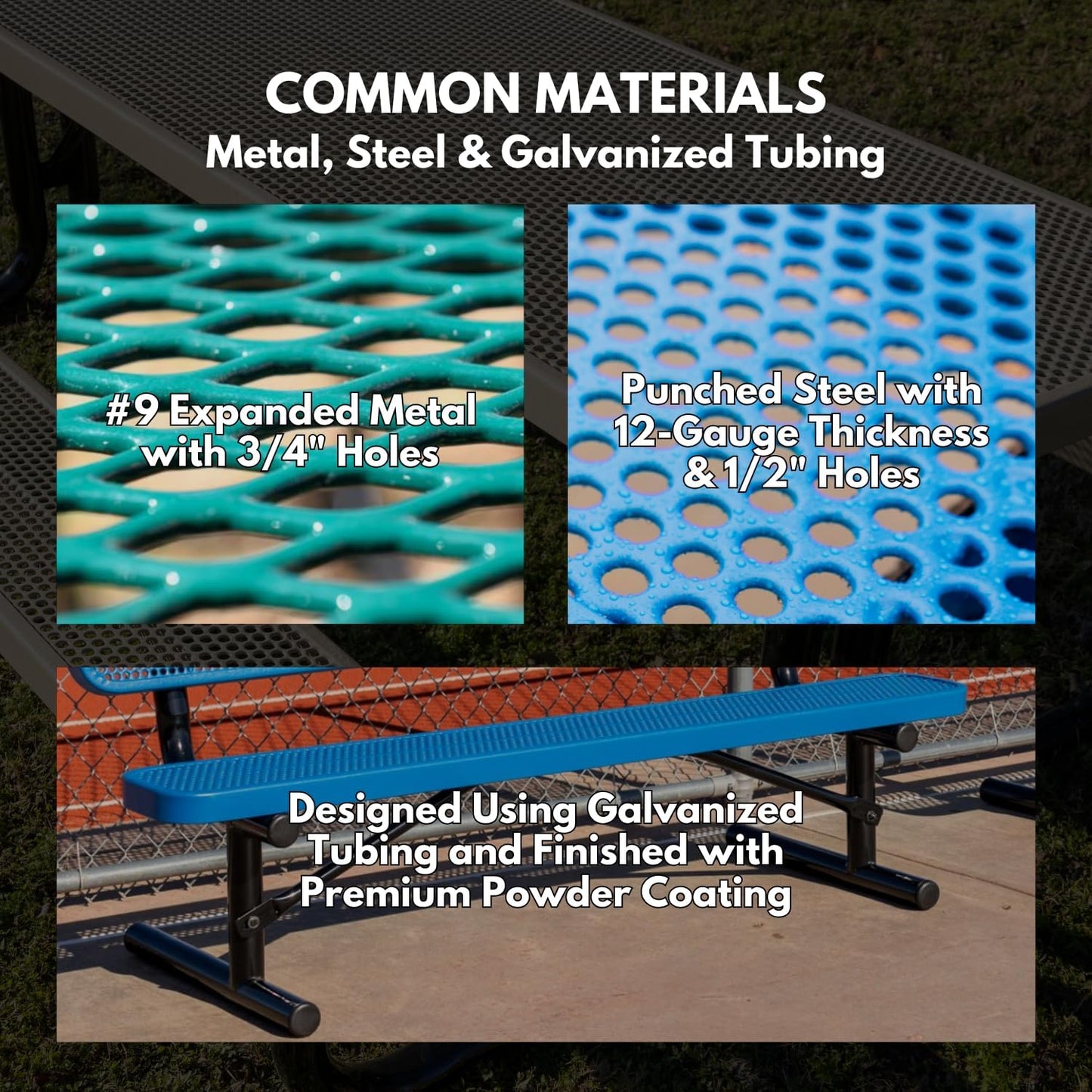 Heavy-Duty Portable Outdoor Bench Thermoplastic Coated, Expanded Metal, Commercial-Grade Seating, Made in America (Portable with Back, 6 Ft, Textured Red)