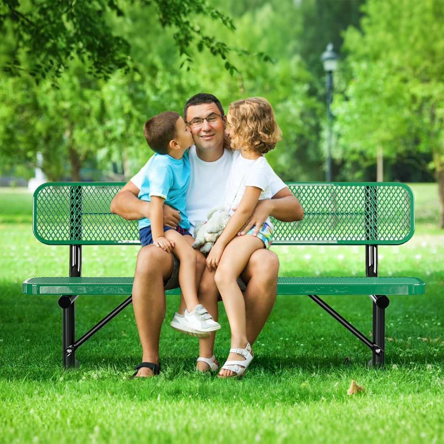 6Ft Heavy Duty Park Bench with Back Portable Frame, Outdoor Steel Bench with Backrest, Expanded Metal Mesh Bench for Lawn, Park, Deck, Garden, Patio, Porch, Green