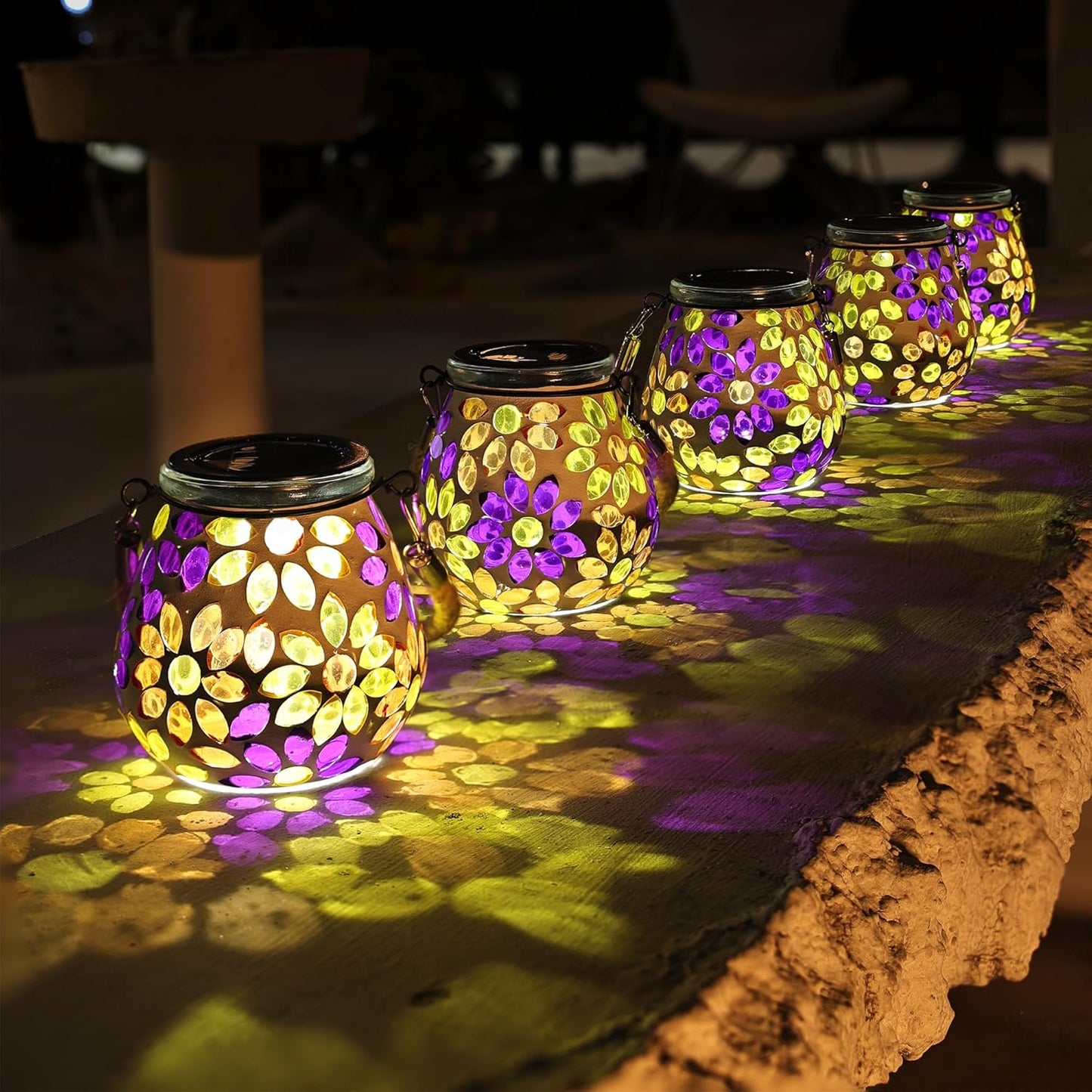 Cooo 2 Pack Mosaic Solar Lantern Outdoor Waterproof IP68 Hanging Projection Light Hidden Lid Pear-Shaped Lantern with Rope Handle Solar Powered Auto On for Patio Garden Fence Table -Petal Mirage