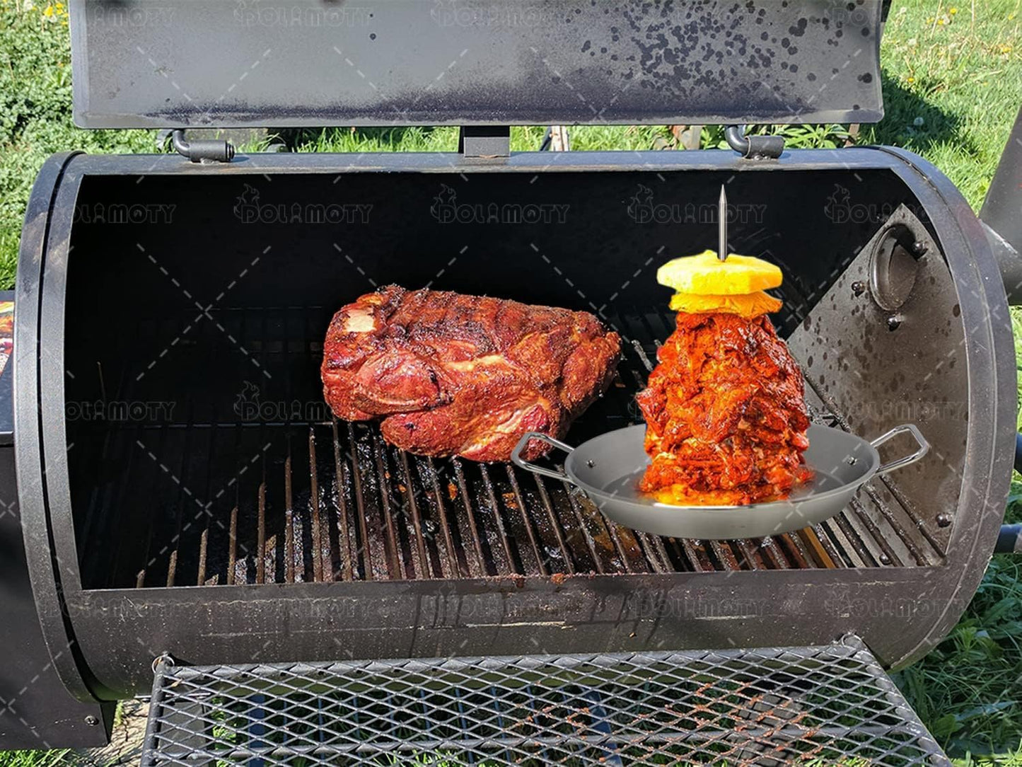 BBQ Vertical Skewer Pan Gyro Spit Shawarma Stand for oven, Al Pastor Skewer for Grill, El Pastor Hack for Tacos Al Pastor Chicken, Brazilian, Stainless Steel, with 8",10" and 12" stick