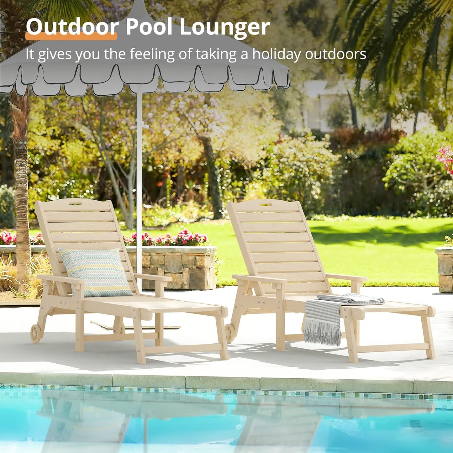 LUE BONA Chaise Lounge Chair with Table, 2-Piece, 79'' Oversized HDPS Chaise Lounger, 5 Positions Adjustable Lounge Chairs, Pool Lounge Chair with Wheels for Poolside, Backyard, 3 Year Warranty, Sand