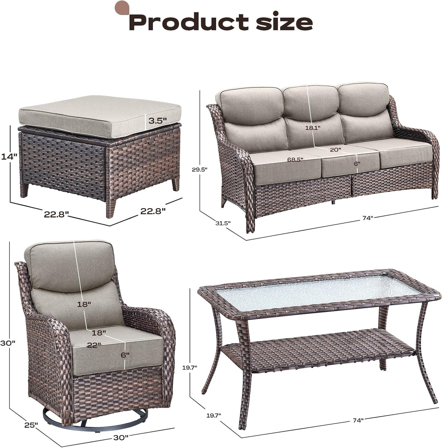 Wicker Outdoor Patio Furniture Set - 8 Piece Patio Conversation Sets with Swivel Rocker Chairs, Ottomans, Sofa and Table, 6 inch Cushions, Deep Seating, for Porch Deck Brown/Beige
