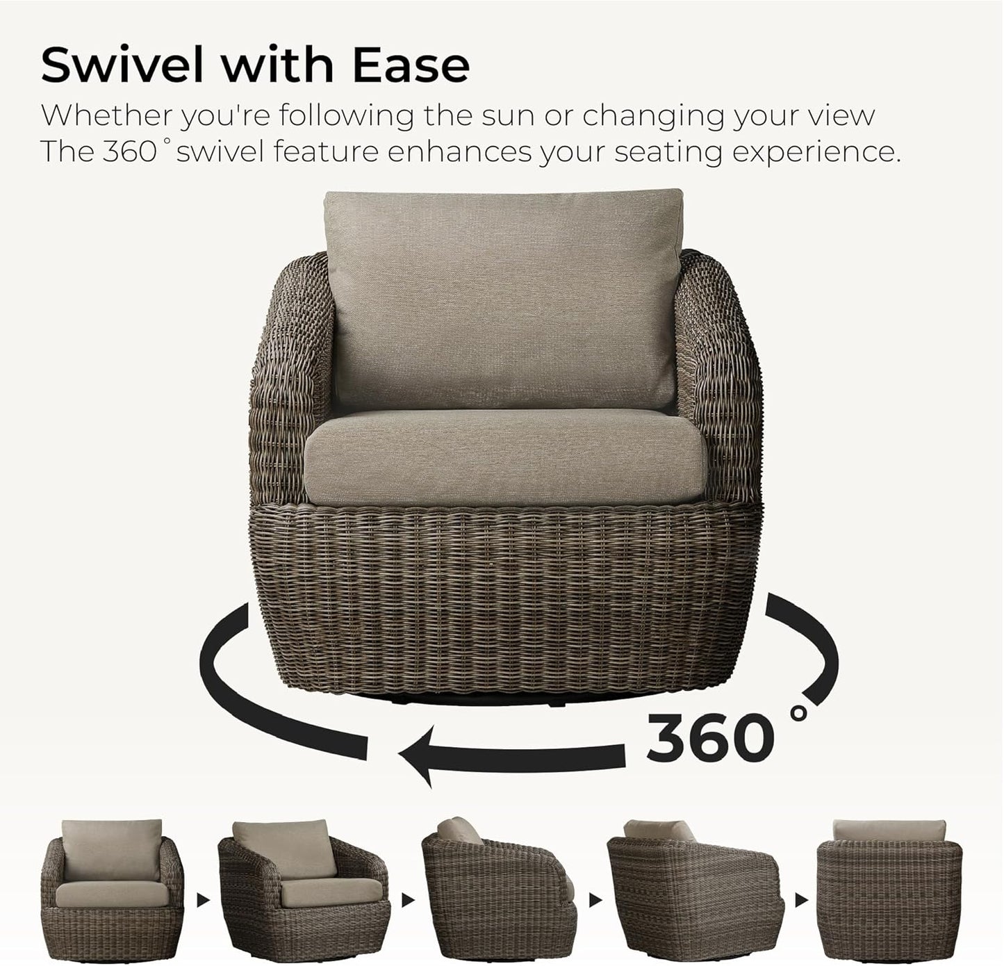 CHITA 5 Pieces Patio Wicker Furniture Set, Outdoor Rattan Bistro Set with Removable Thickened Cushions, Fully Assembled(Gray Cushions with Brownish Gray Wicker)