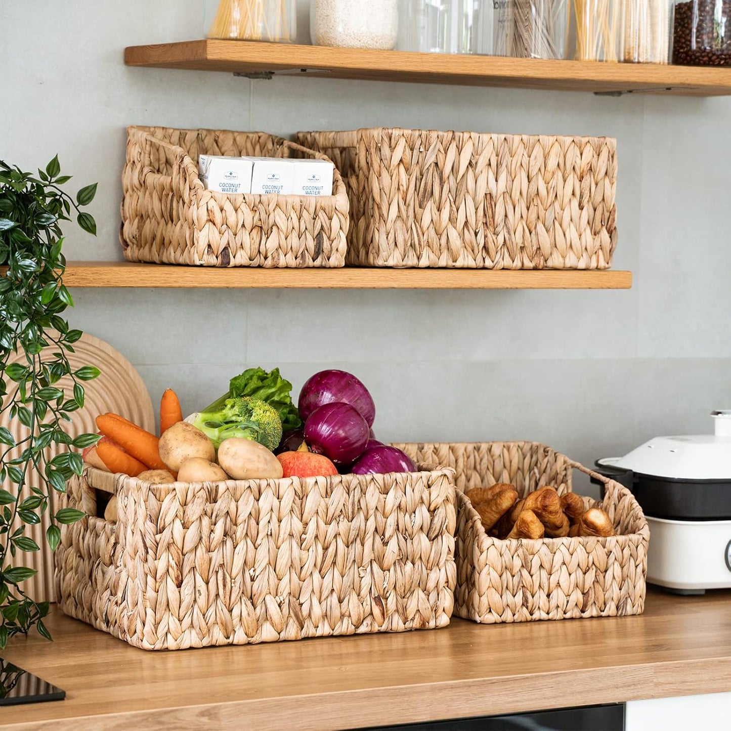 FairyHaus Wicker Baskets 15x11x7 & 13.4x9.5x6.5, 2 Pack Handmade Big Wicker Storage Basket with Handles, Natural Water Hyacinth Wicker Baskets for Storage Shelves Organizing, Rectangle Wicker Basket