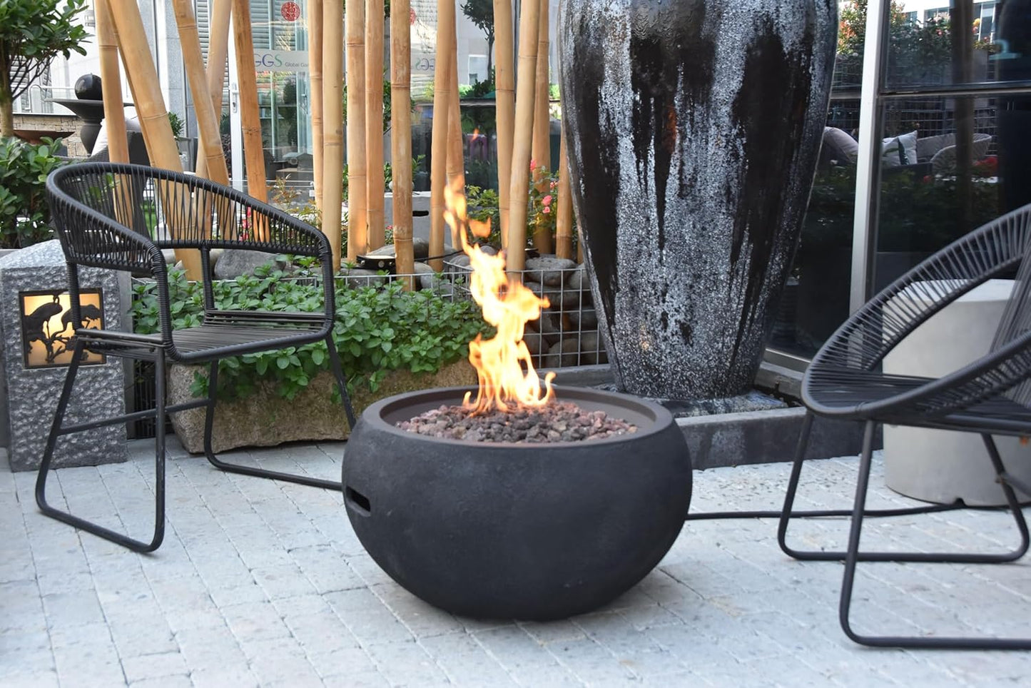 AMS Fireplace | Modeno York Package | Black Liquid Propane Gas Fire Pit Table for Outside Patio Bundle with Tank Cover and SS Burner Lid | Free Ice Bucket