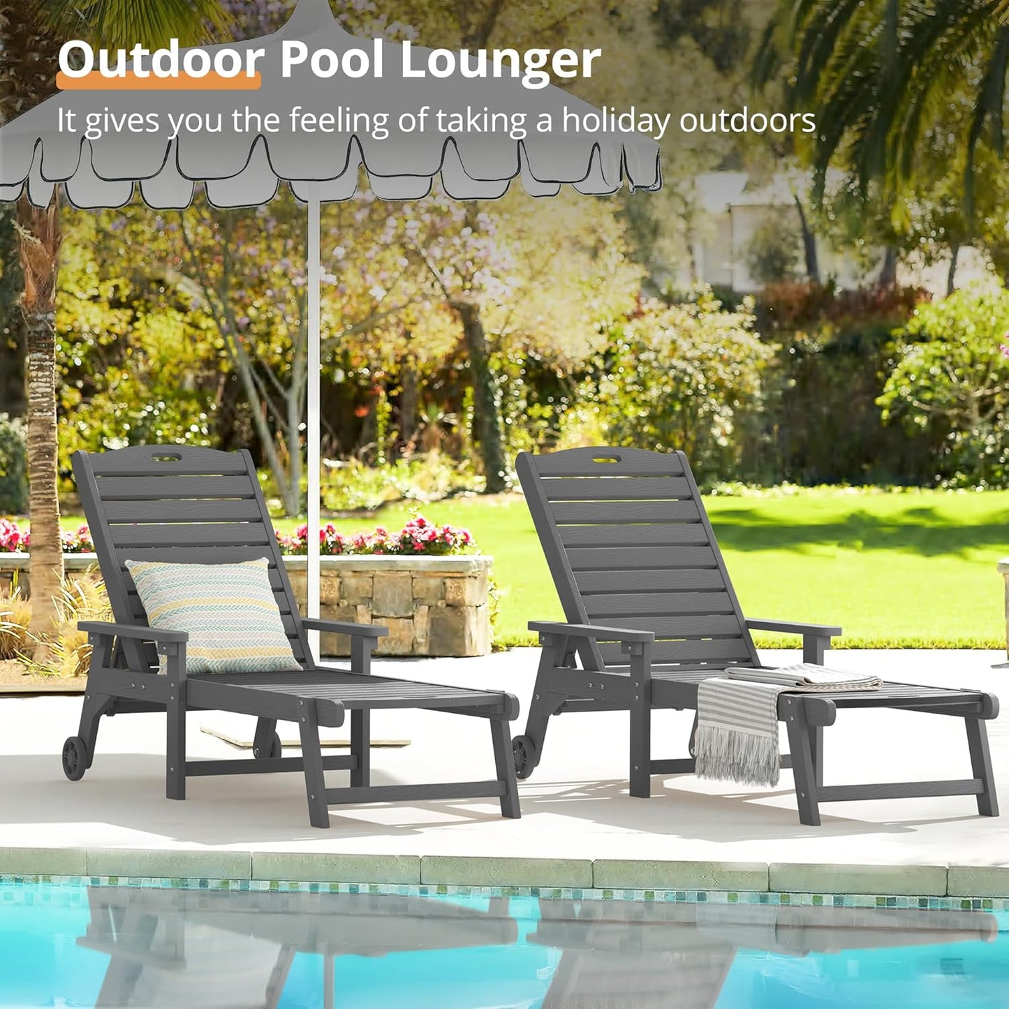 LUE BONA Outdoor Chaise Lounge Chairs Set of 2, 79'' Oversized HDPS Chaise Lounger, 5 Positions Adjustable Lounge Chairs, Pool Lounge Chair with Wheels for Poolside, 3 Year Warranty, Dark Gray
