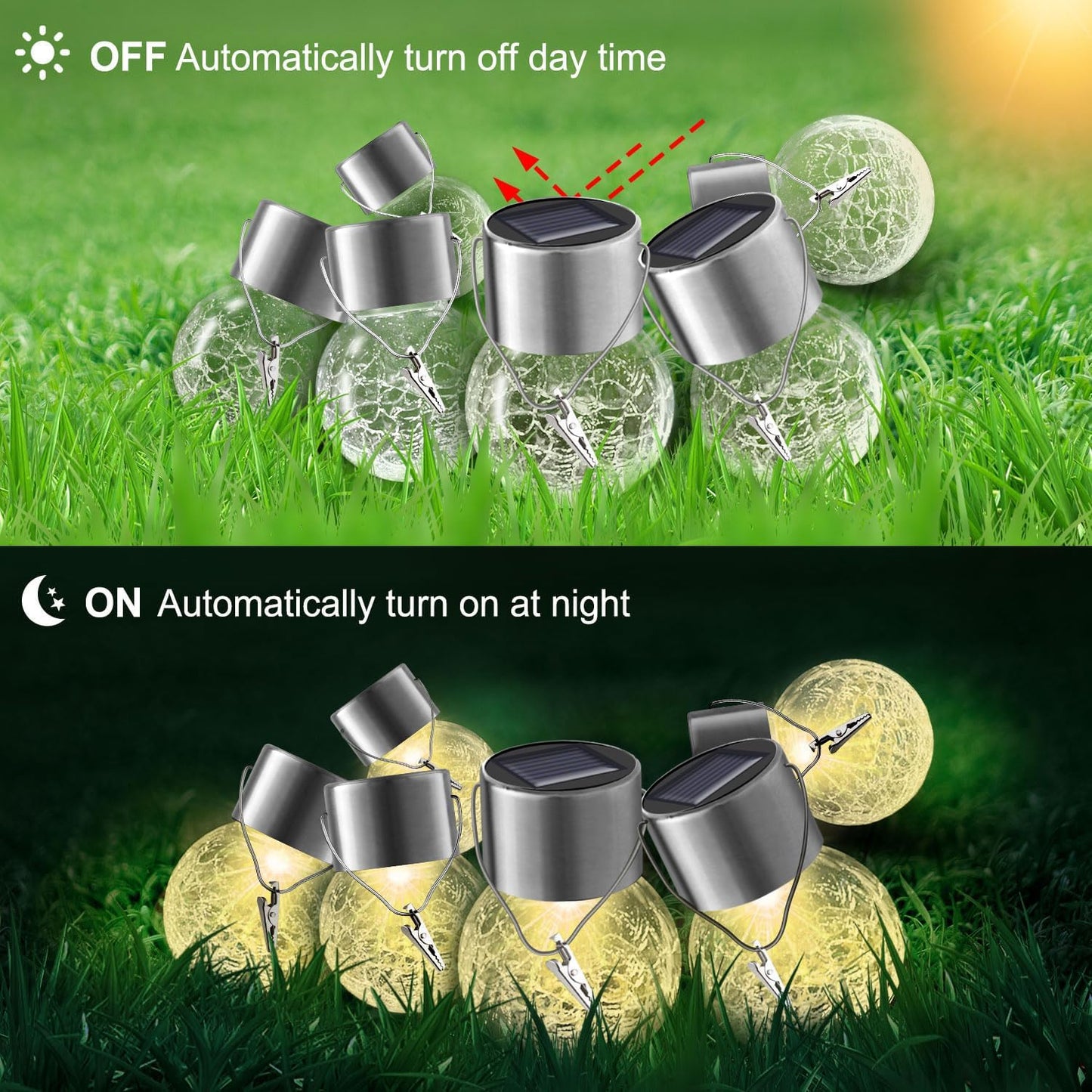 Solar Lights Outdoor Hanging Decorative Globe 8 Pack, Waterproof Solar Lantern with Handle and Clip, Solar Powered Glass Ball Lights for Garden Yard Fence Tree Umbrella Holiday Décor, Warm White