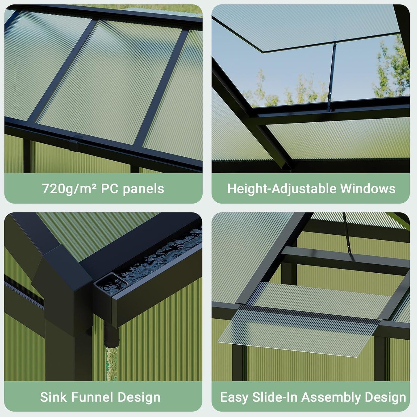 Greenhouse, 6x10 Ft Outdoor Greenhouses with Roof Vents and Sliding Doors, Aluminum Frame Polycarbonate Accessible Greenhouses, Suitable for Outdoor Gardens and Backyards, Black