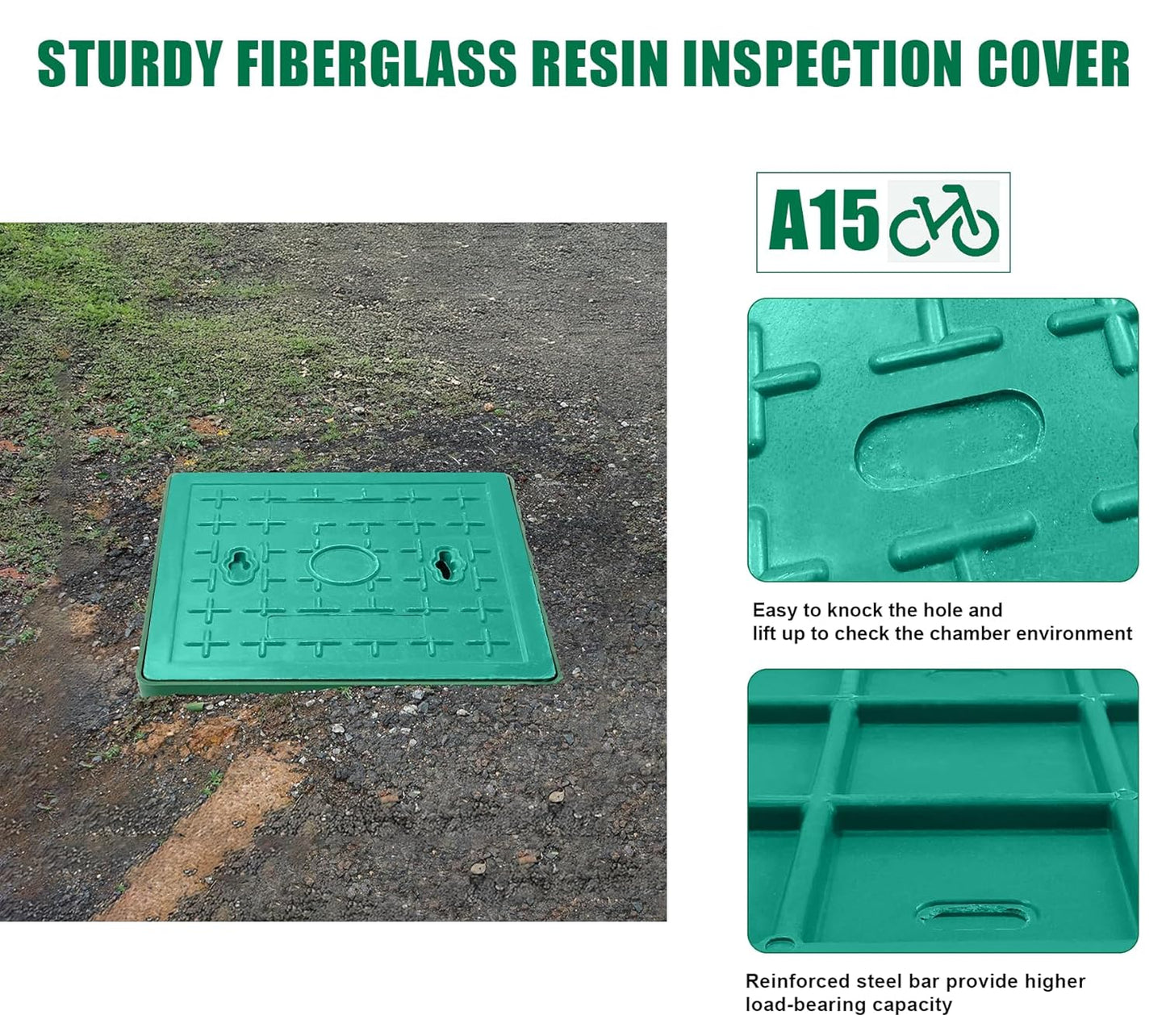 Underground Splice Box 12.5x12.5x14.3in Electrical Junction Boxes W/FRP Inspection Cover Deep Enclosure Pit Precast PE Pull Distribution Pit Access Drillable Tapered Cable Wiring Connection