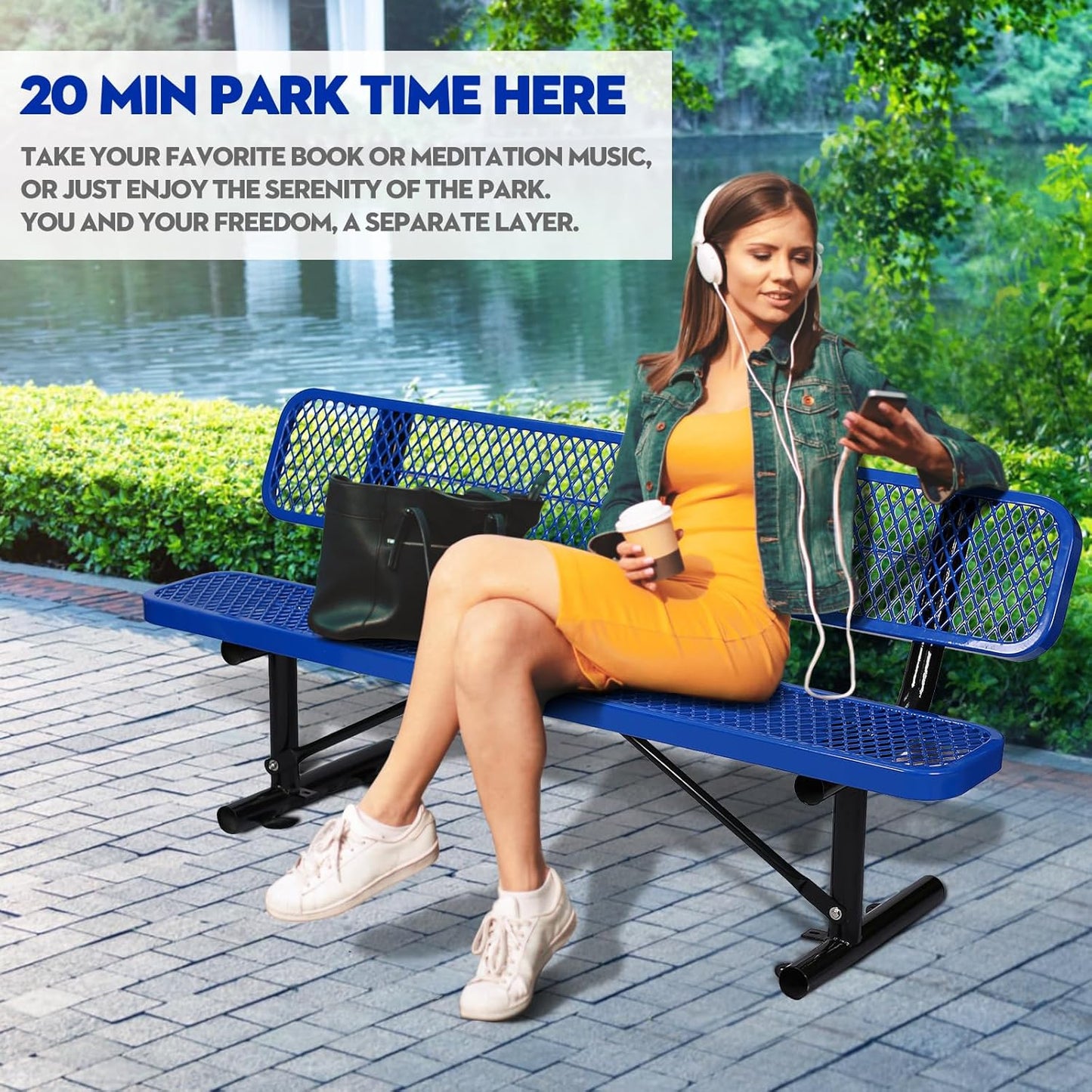 Heavy-Duty Park Bench or Table for Outside - Black Coated Outdoor Furniture Steel Bench, Commercial-Grade Outdoor Benches Weatherproof for Park, Patio, Porch (Blue, 6FT (with Backrest))
