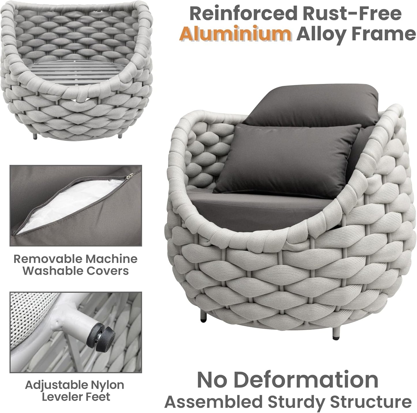 Front Porch Furniture Set 3 Piece: Aluminum Woven Rope Patio Conversation Sofa Set for 2 - Assembled Outdoor Deck Couch Armchair Set Cushions - for 400lb Balcony Pool Yard Bistro Hotel - Gray