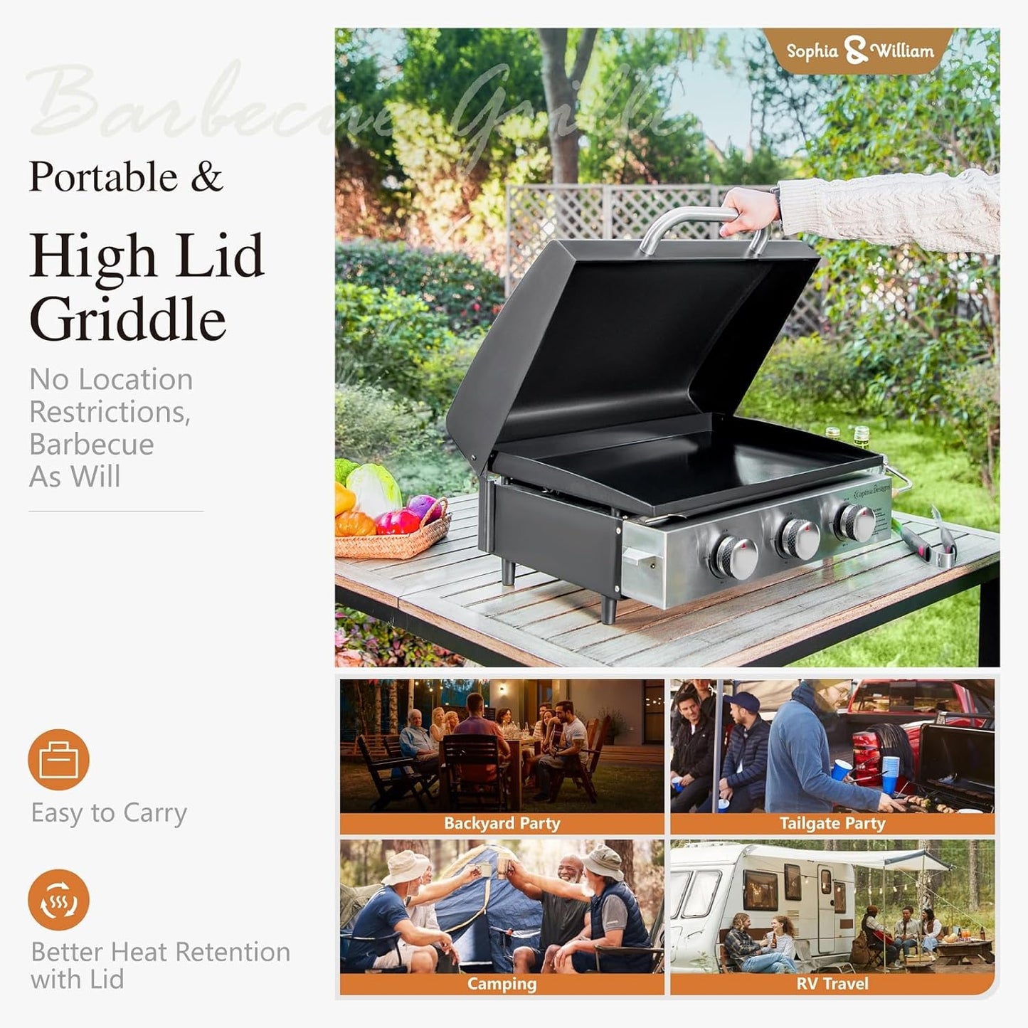 Sophia & William 22" Flat Top Grill with Lid & Ceramic Coated Cast Iron Pan, 3-Burner Portable Tabletop Gas Propane Griddle for Outdoor, BBQ, Camping & Tailgating Barbecue, 24,000 BTU