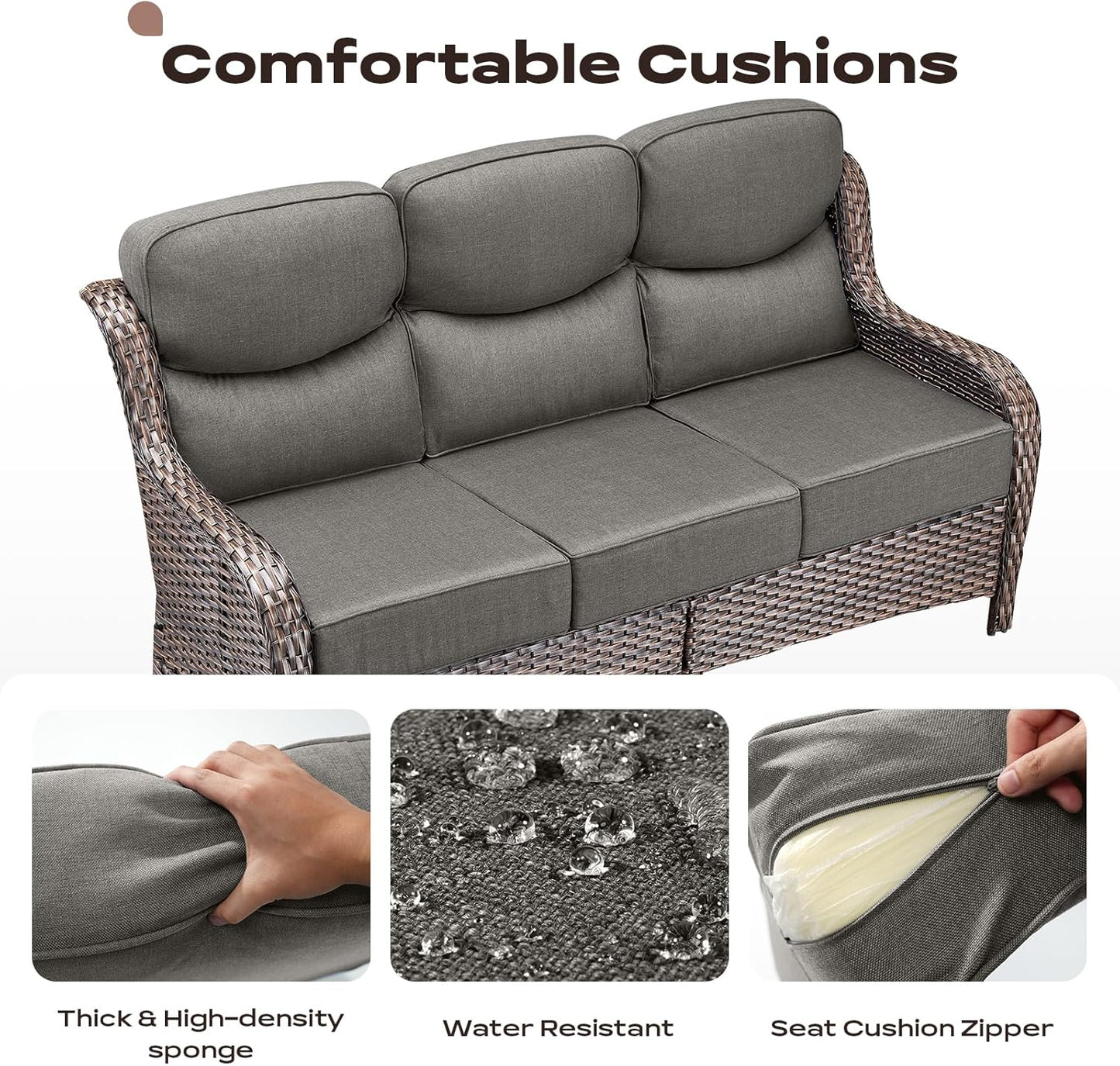 Wicker Outdoor Patio Furniture Set - 6 Piece Patio Conversation Sets with Swivel Rocker Chairs, Ottomans, Sofa and Side Table, 6 inch Cushions, Waterproof Wicker, for Porch Deck Brown/Grey